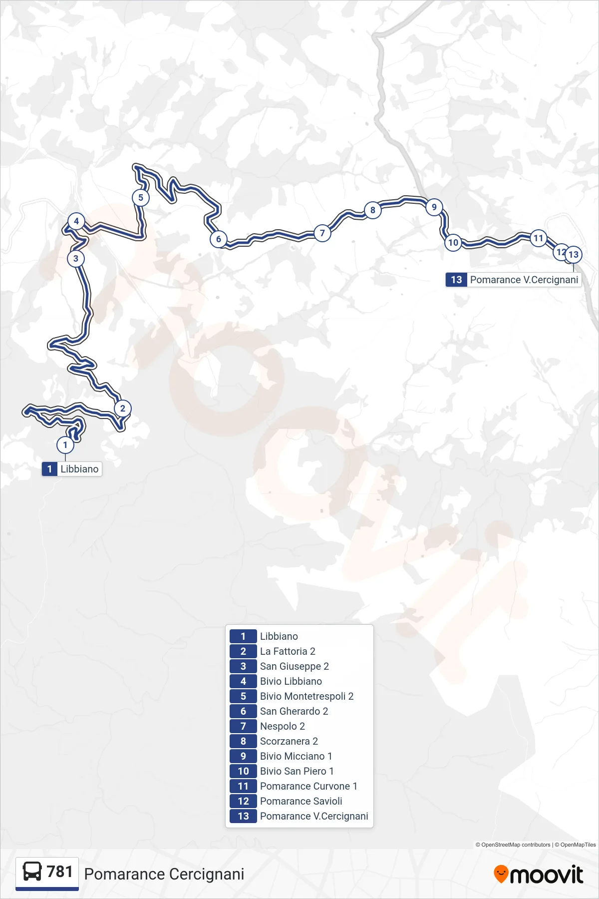 Linea 781 bus (Pomarance Cercignani) - Percorsi e fermate sulla mappa