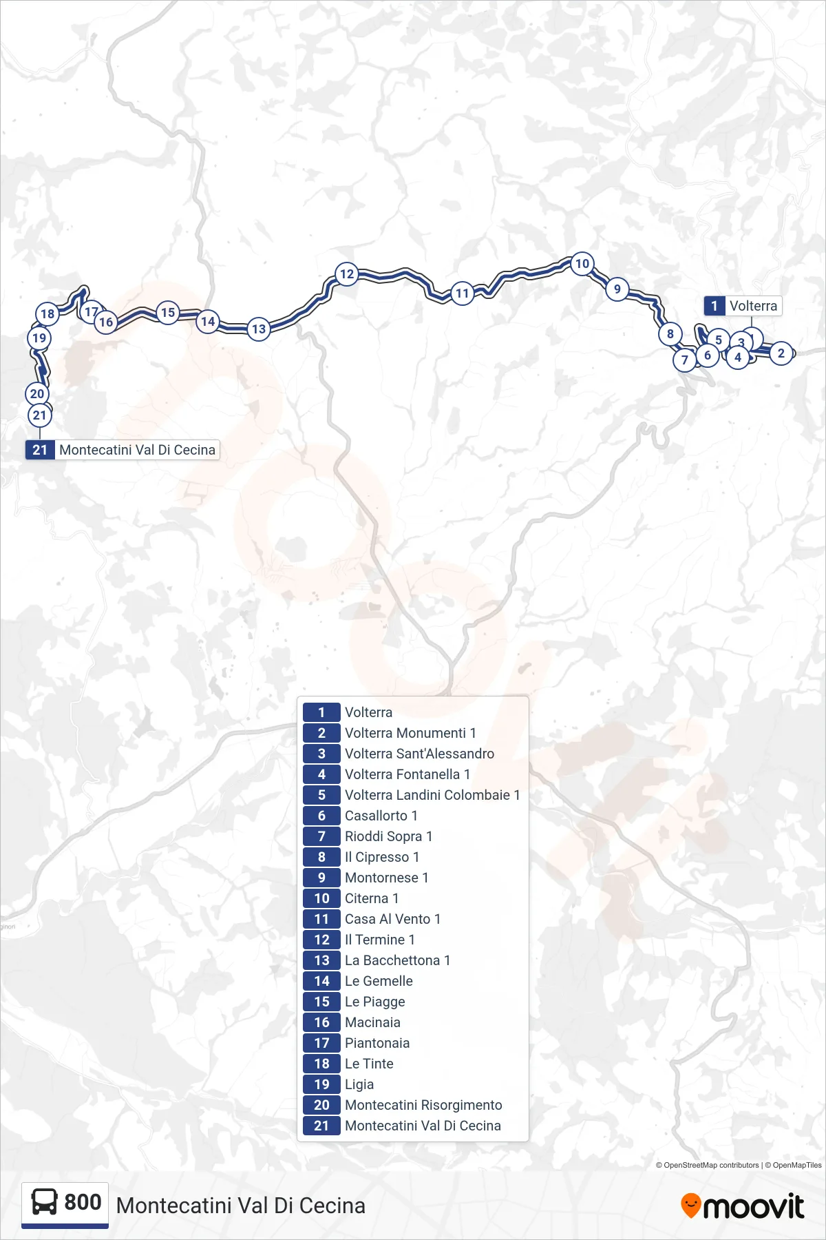 Linea 800 bus (Montecatini Val Di Cecina) - Percorsi e fermate sulla mappa