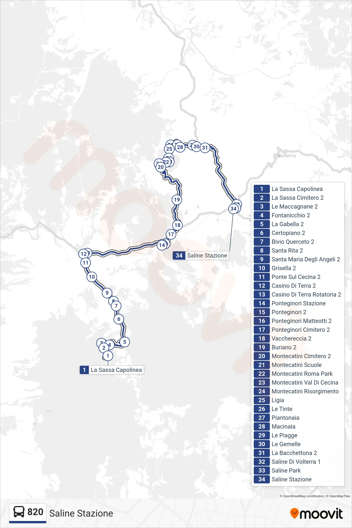 Linea 820 bus (Saline Stazione) - Percorsi e fermate sulla mappa