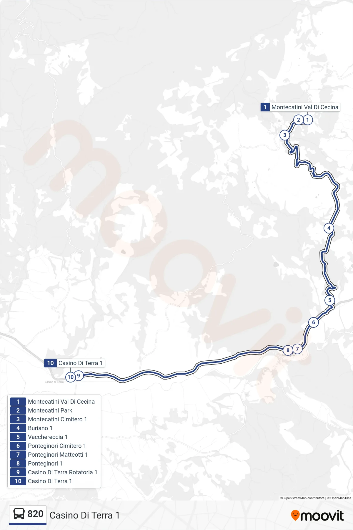 Linea 820 bus (Casino Di Terra 1) - Percorsi e fermate sulla mappa