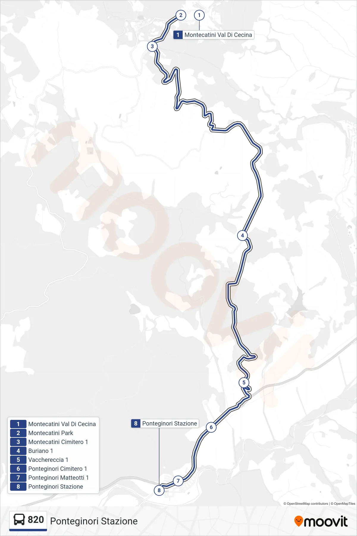 Linea 820 bus (Ponteginori Stazione) - Percorsi e fermate sulla mappa