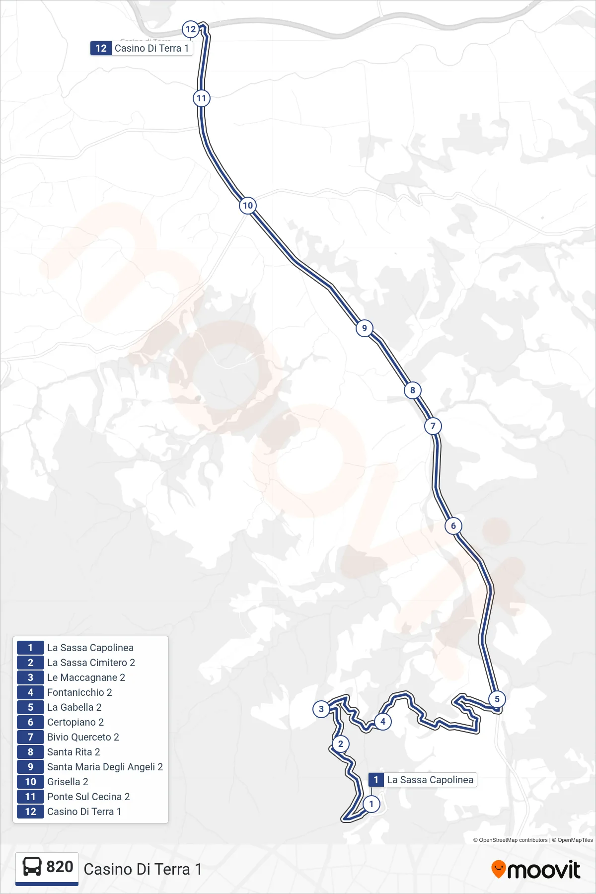 Linea 820 bus (Casino Di Terra 1) - Percorsi e fermate sulla mappa