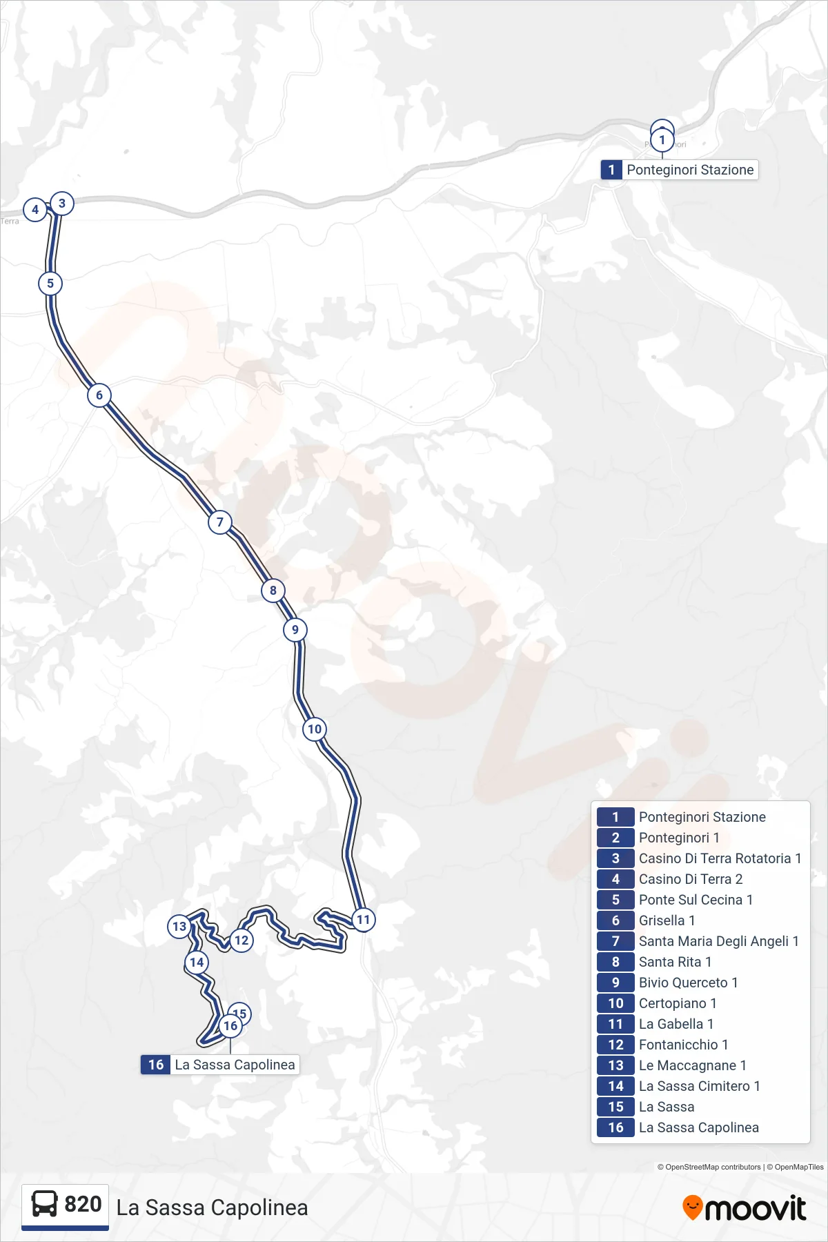 Linea 820 bus (La Sassa Capolinea) - Percorsi e fermate sulla mappa