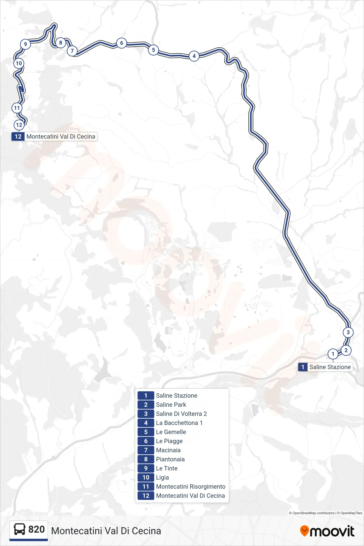 Linea 820  bus (Montecatini Val Di Cecina) - Percorsi e fermate sulla mappa