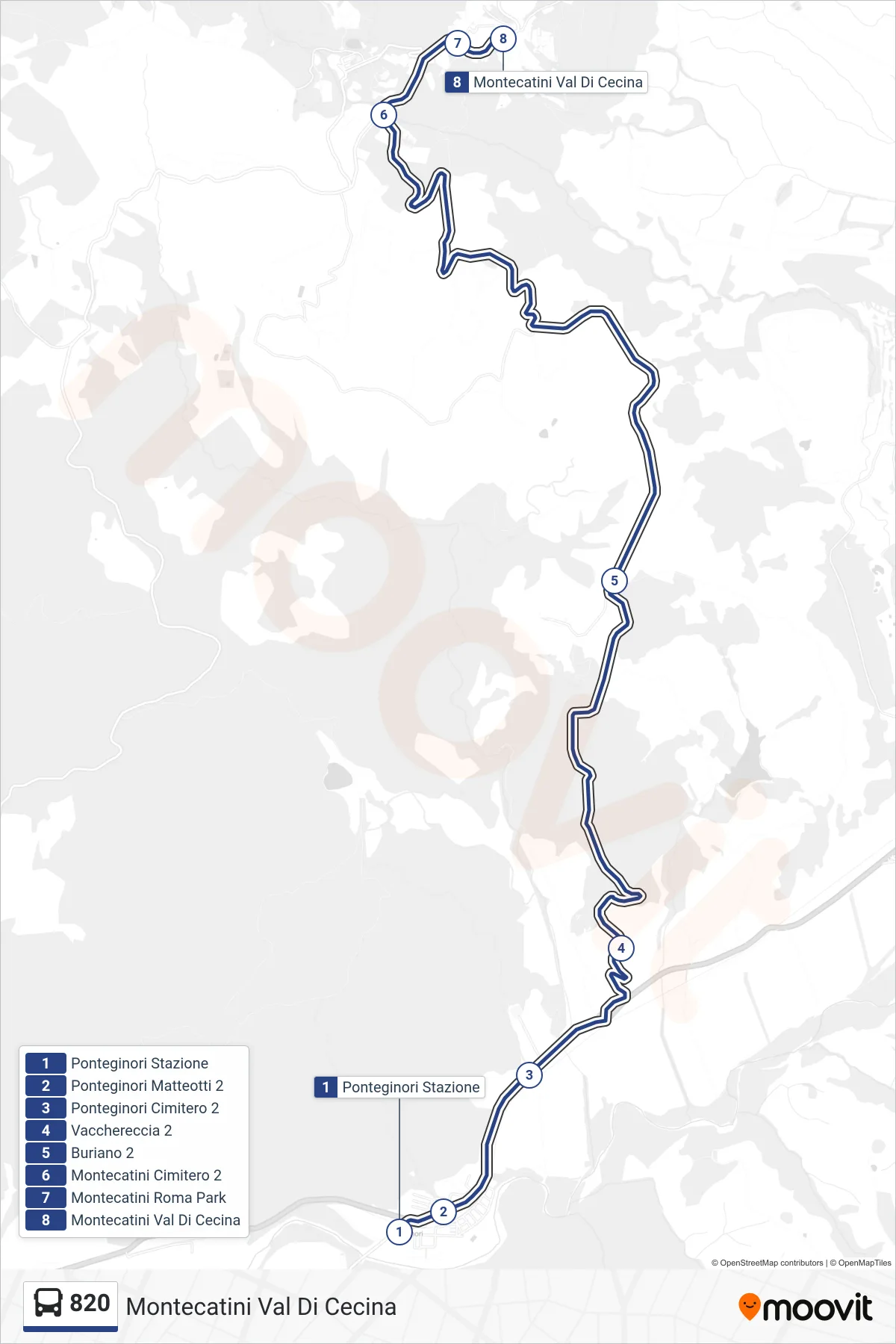 Linea 820  bus (Montecatini Val Di Cecina) - Percorsi e fermate sulla mappa