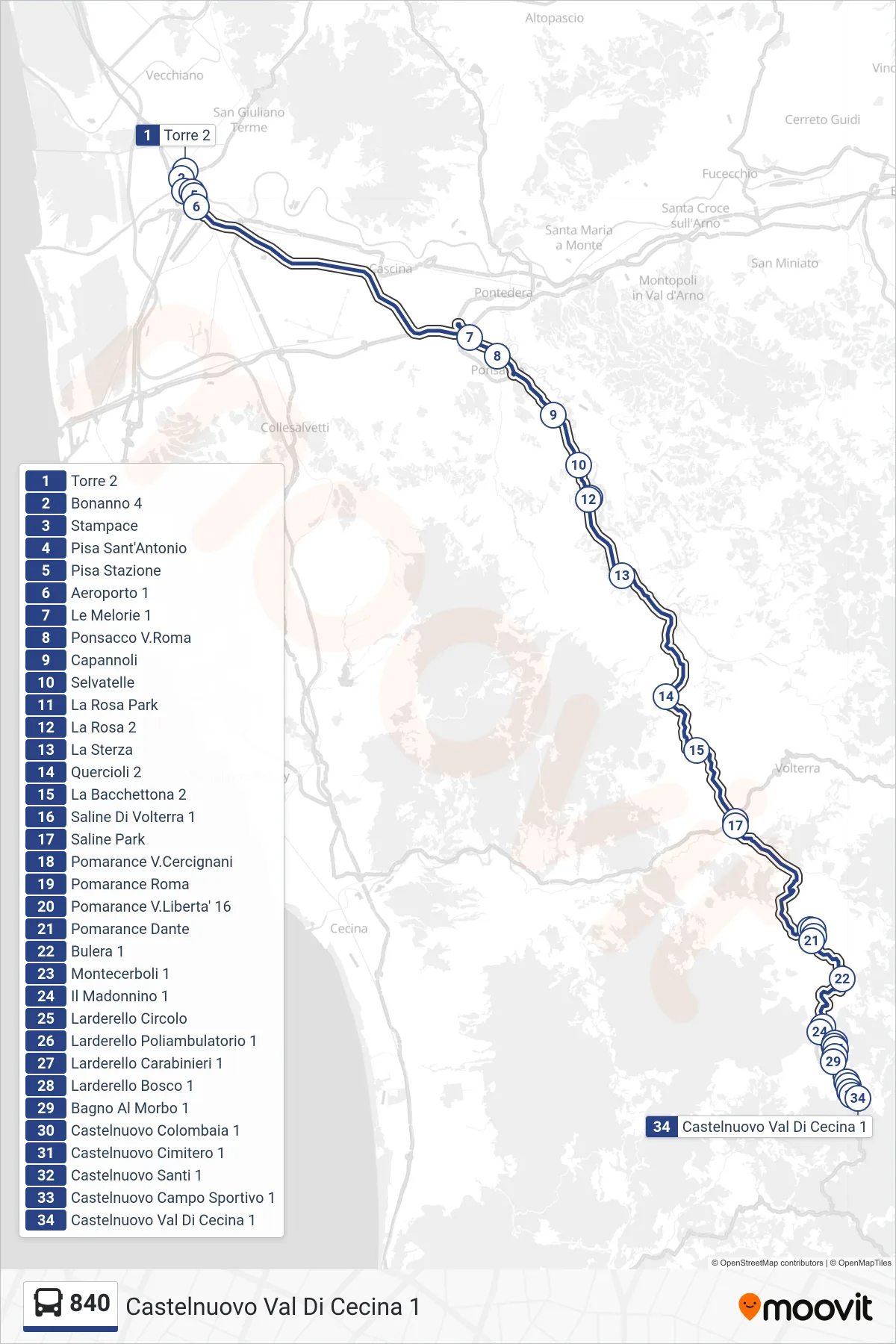 Linea 840 bus (Castelnuovo Val Di Cecina 1) - Percorsi e fermate sulla mappa