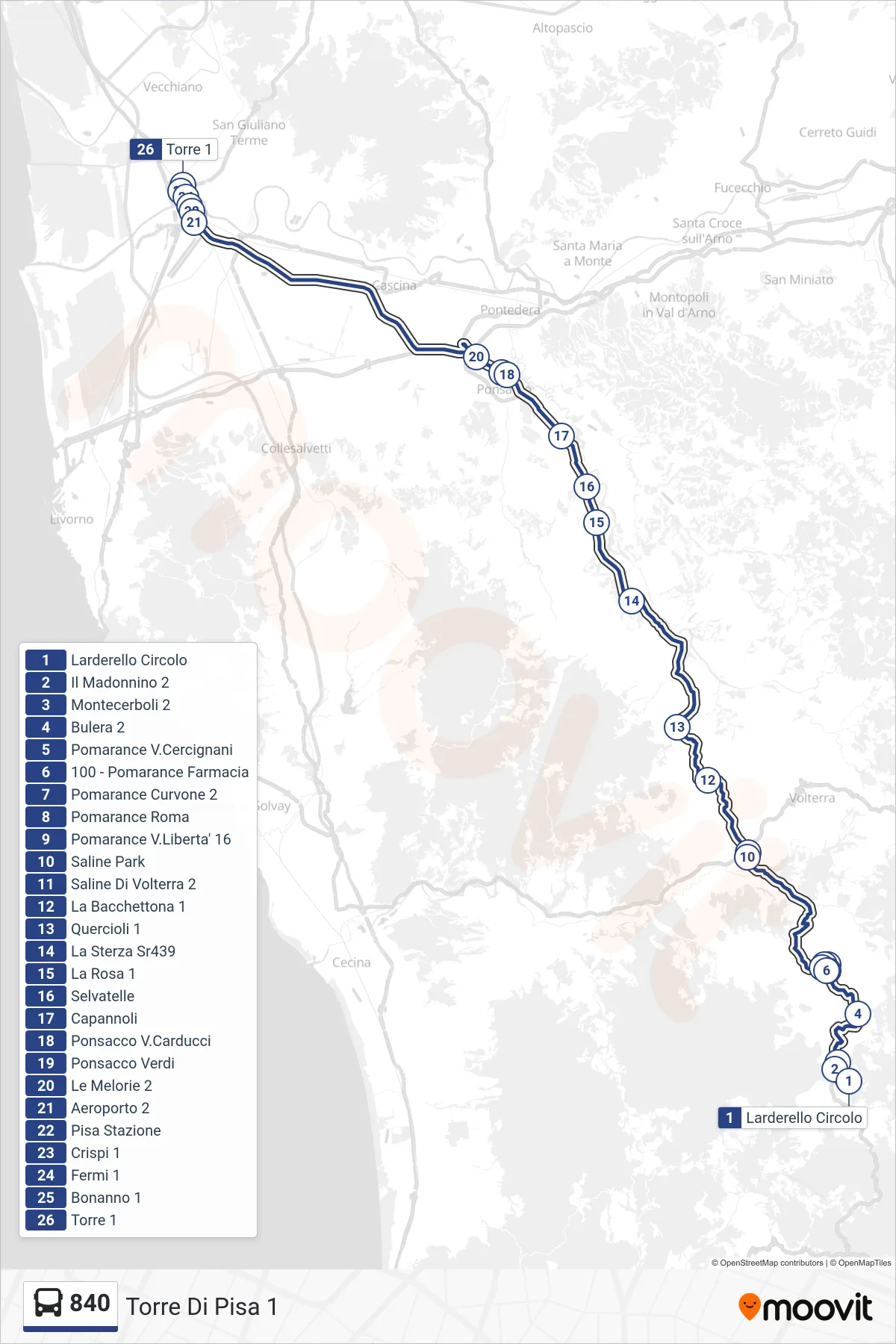 Linea 840  bus (Torre Di Pisa 1) - Percorsi e fermate sulla mappa
