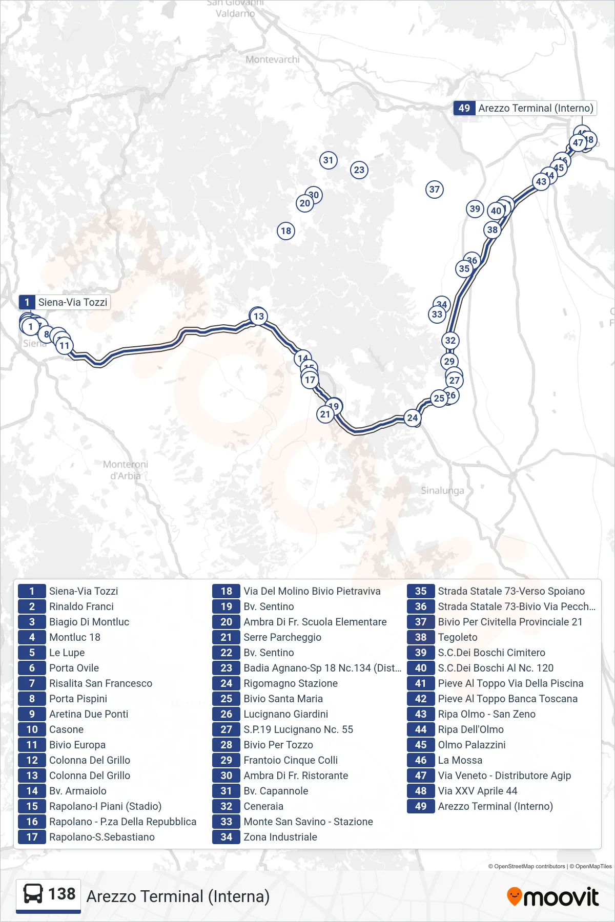 Linea 138  tram (Arezzo Terminal (Interna)) - Percorsi e fermate sulla mappa