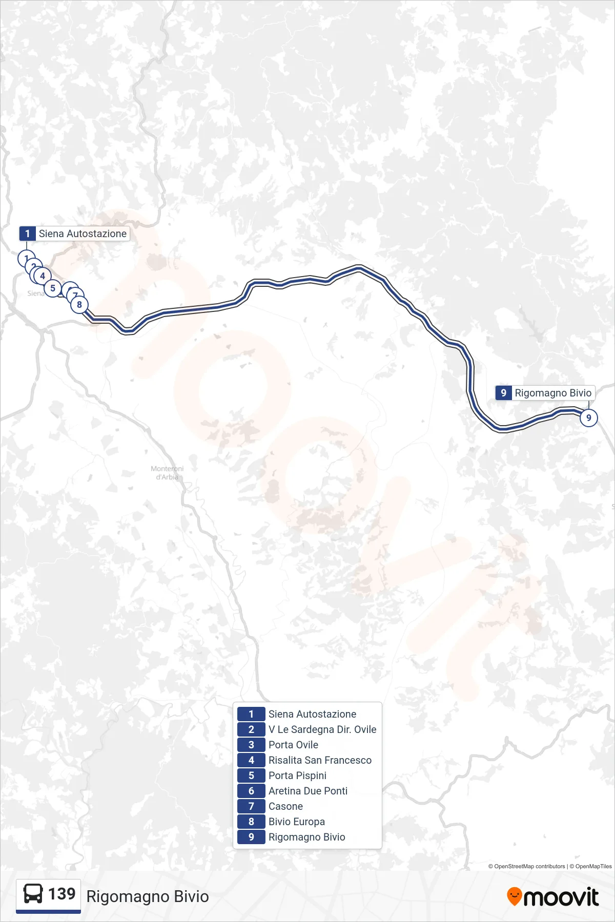 Linea 139 tram (Rigomagno Bivio) - Percorsi e fermate sulla mappa