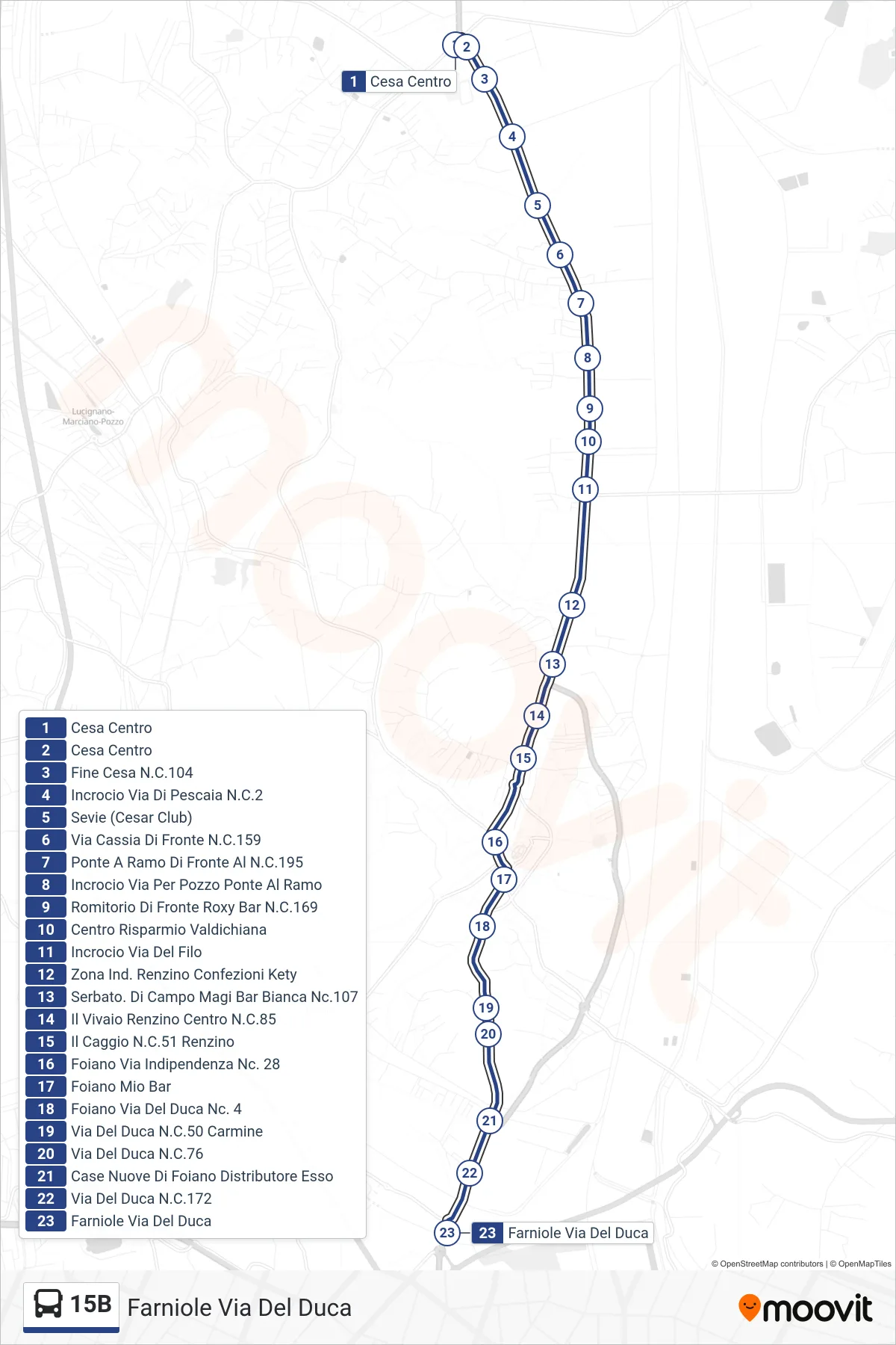 Linea 15B tram (Farniole Via Del Duca) - Percorsi e fermate sulla mappa