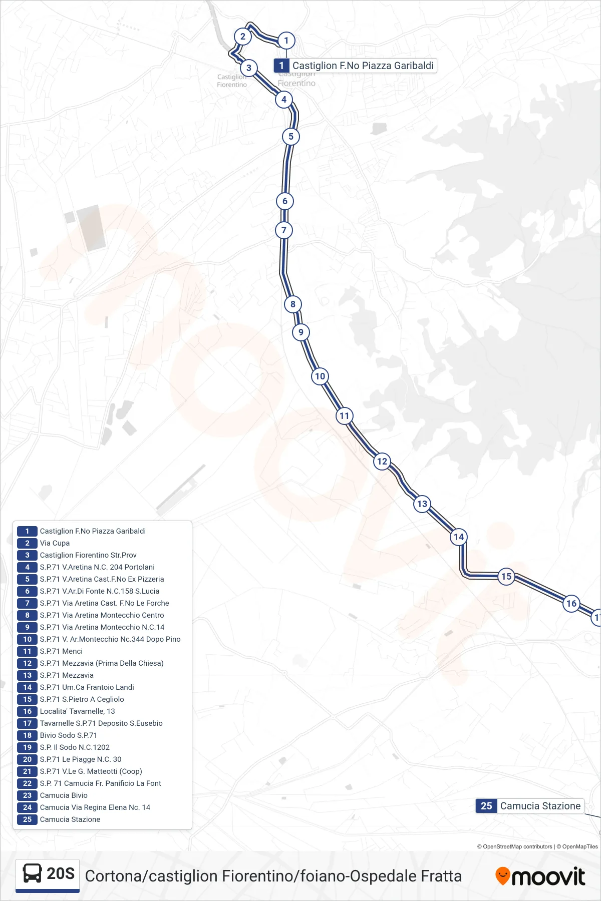 Linea 20S  tram (Camucia Stazione) - Percorsi e fermate sulla mappa