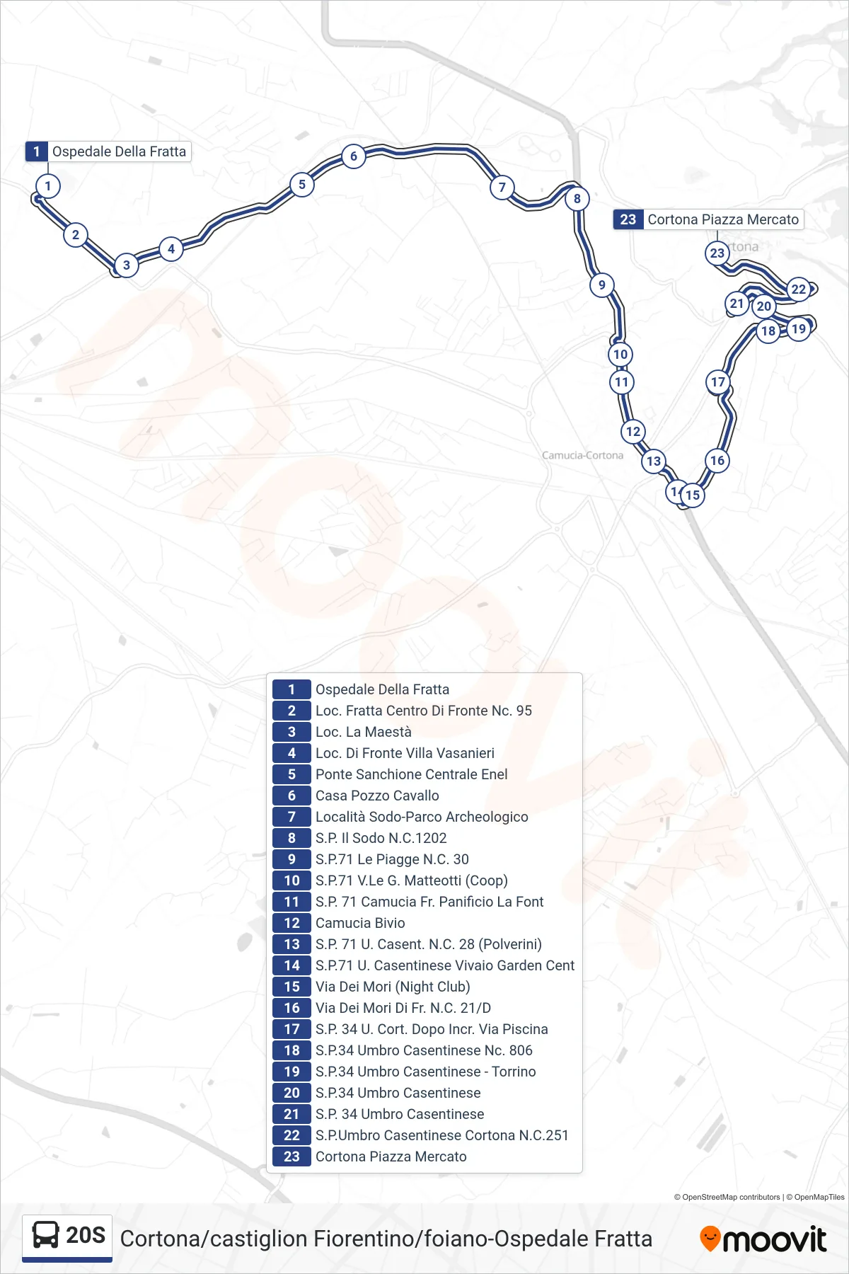 Linea 20S tram (Cortona Piazza Mercato) - Percorsi e fermate sulla mappa