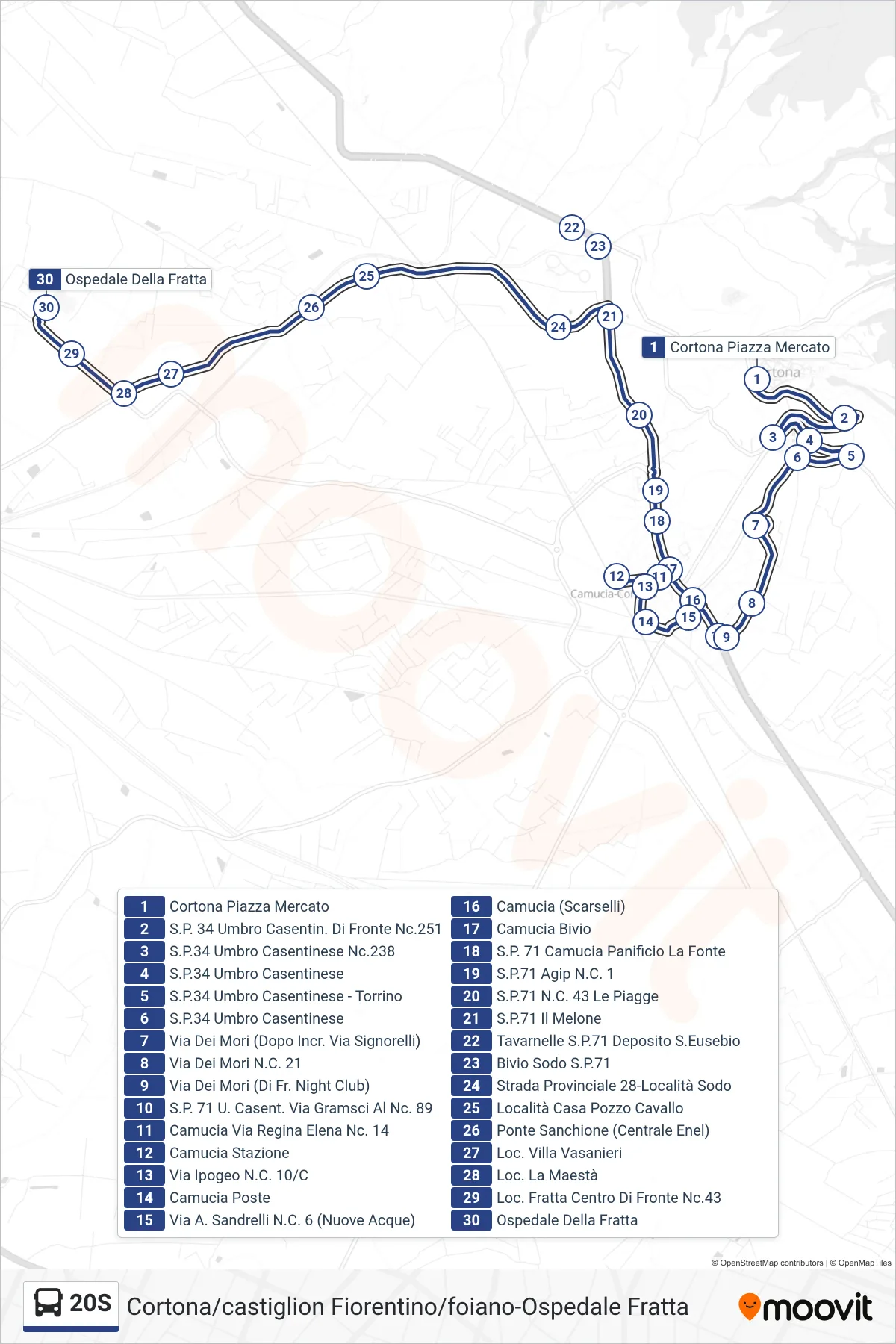 Linea 20S  tram (Ospedale Della Fratta) - Percorsi e fermate sulla mappa