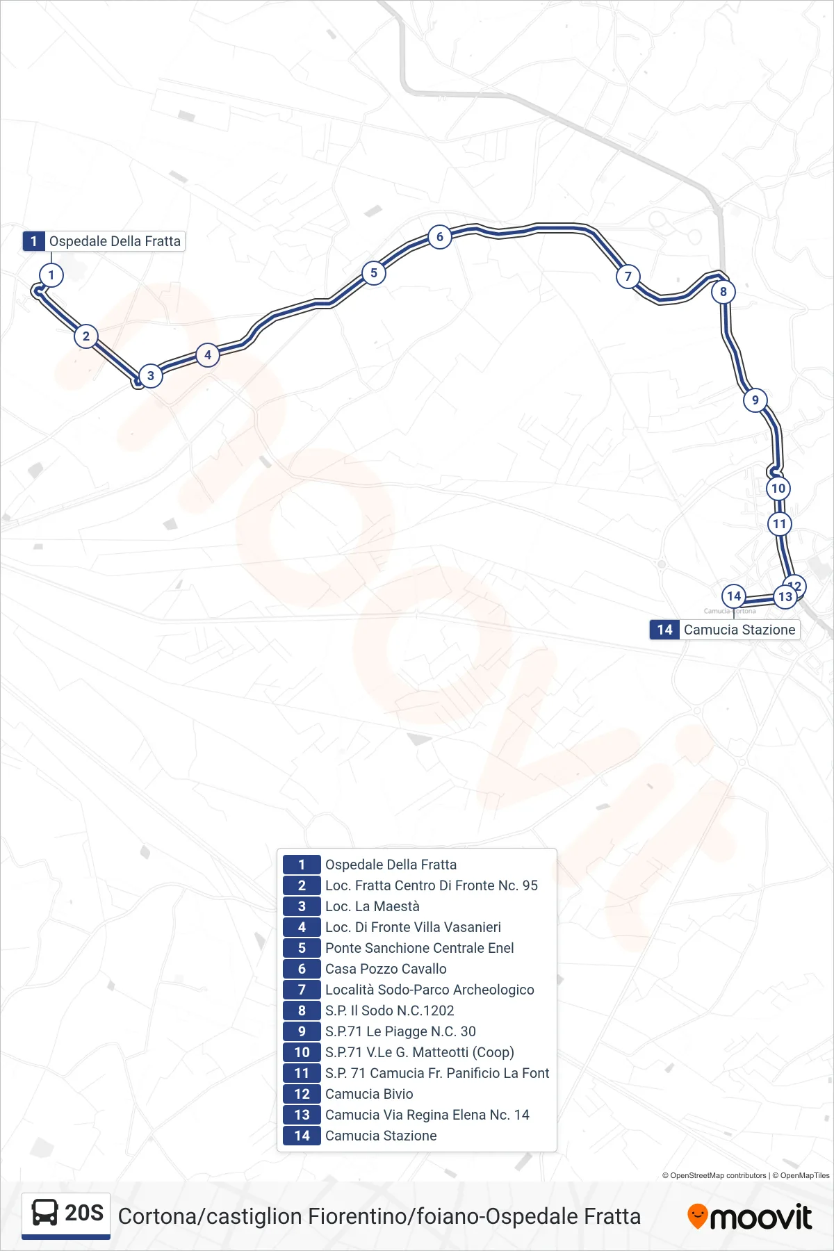 Linea 20S tram (Camucia Stazione) - Percorsi e fermate sulla mappa