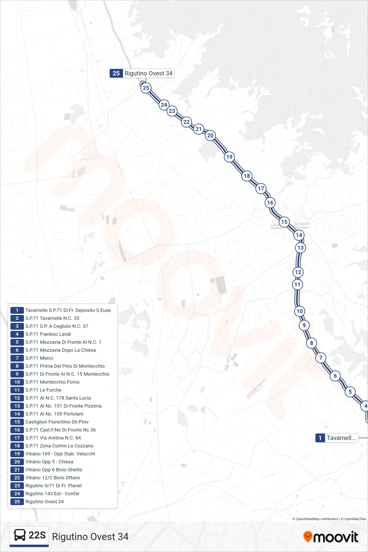 Linea 22S  tram (Rigutino Ovest 34) - Percorsi e fermate sulla mappa
