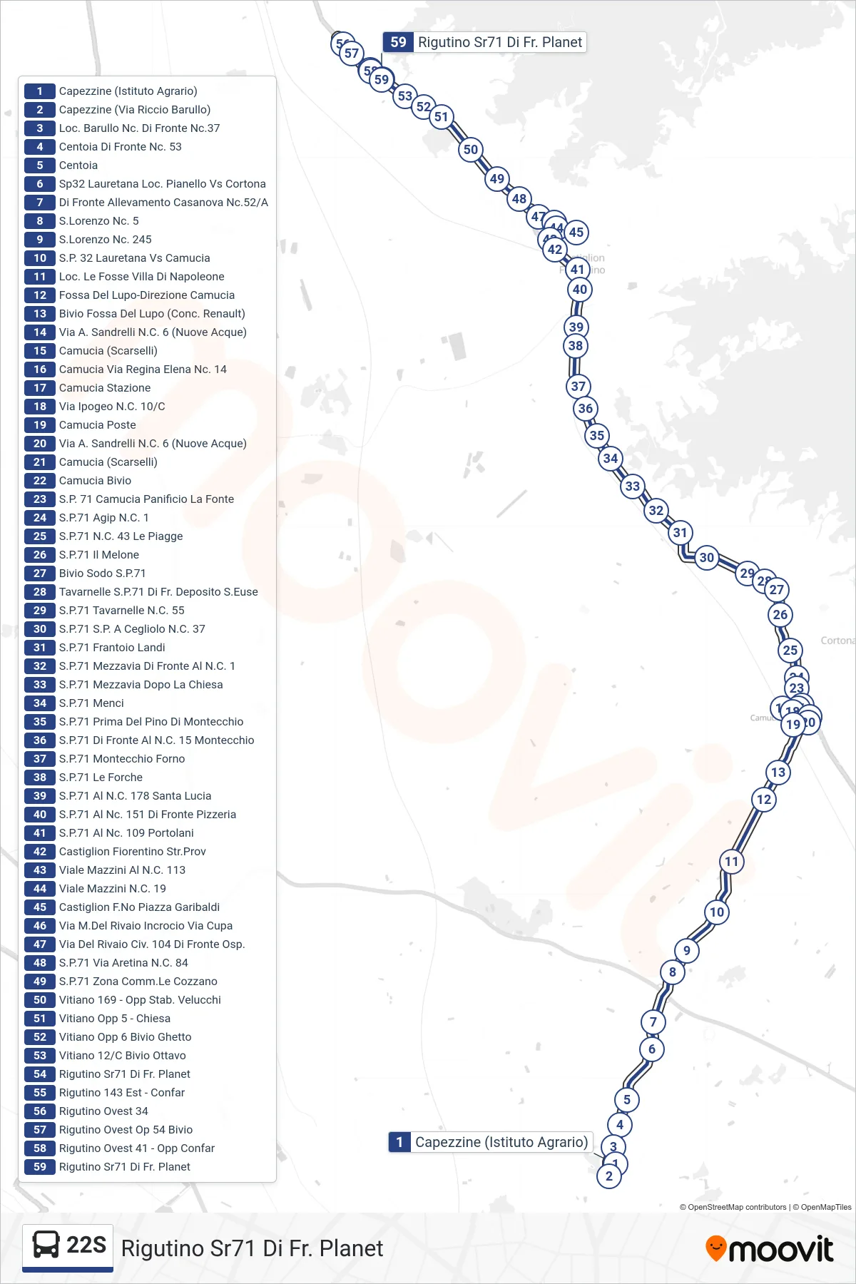 Linea 22S tram (Rigutino Sr71 Di Fr. Planet) - Percorsi e fermate sulla mappa