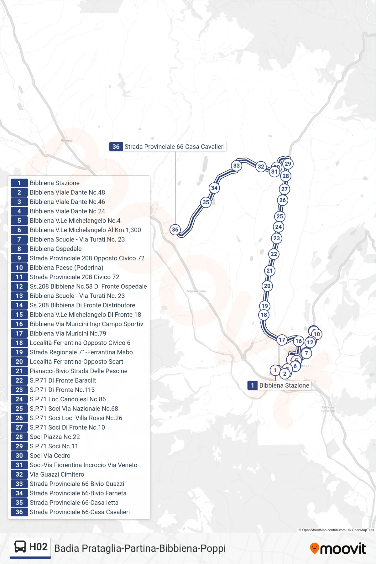 Linea H02  tram (Casa Cavalieri) - Percorsi e fermate sulla mappa