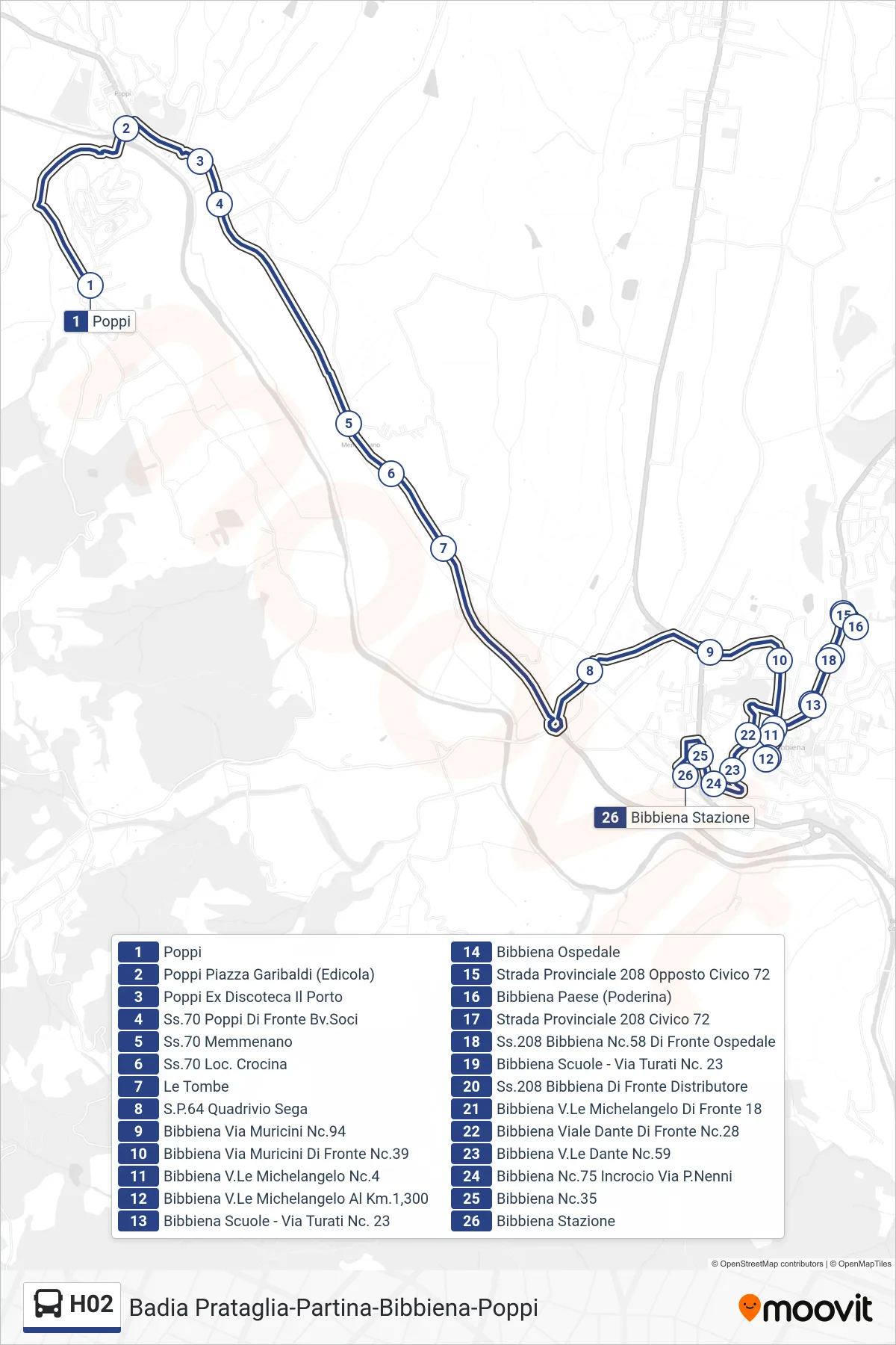 Linea H02 tram (Bibbiena Stazione) - Percorsi e fermate sulla mappa