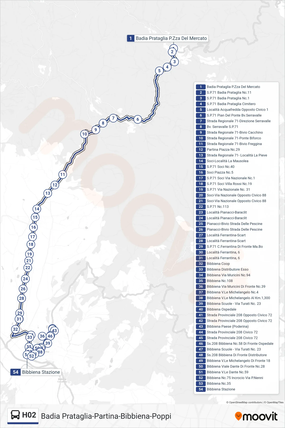 Linea H02 tram (Bibbiena Stazione) - Percorsi e fermate sulla mappa