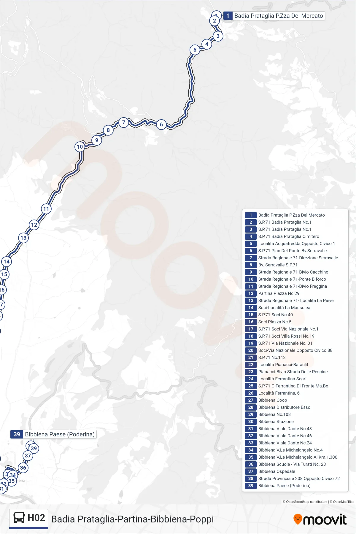 Linea H02 tram (Bibbiena Paese (Poderina)) - Percorsi e fermate sulla mappa