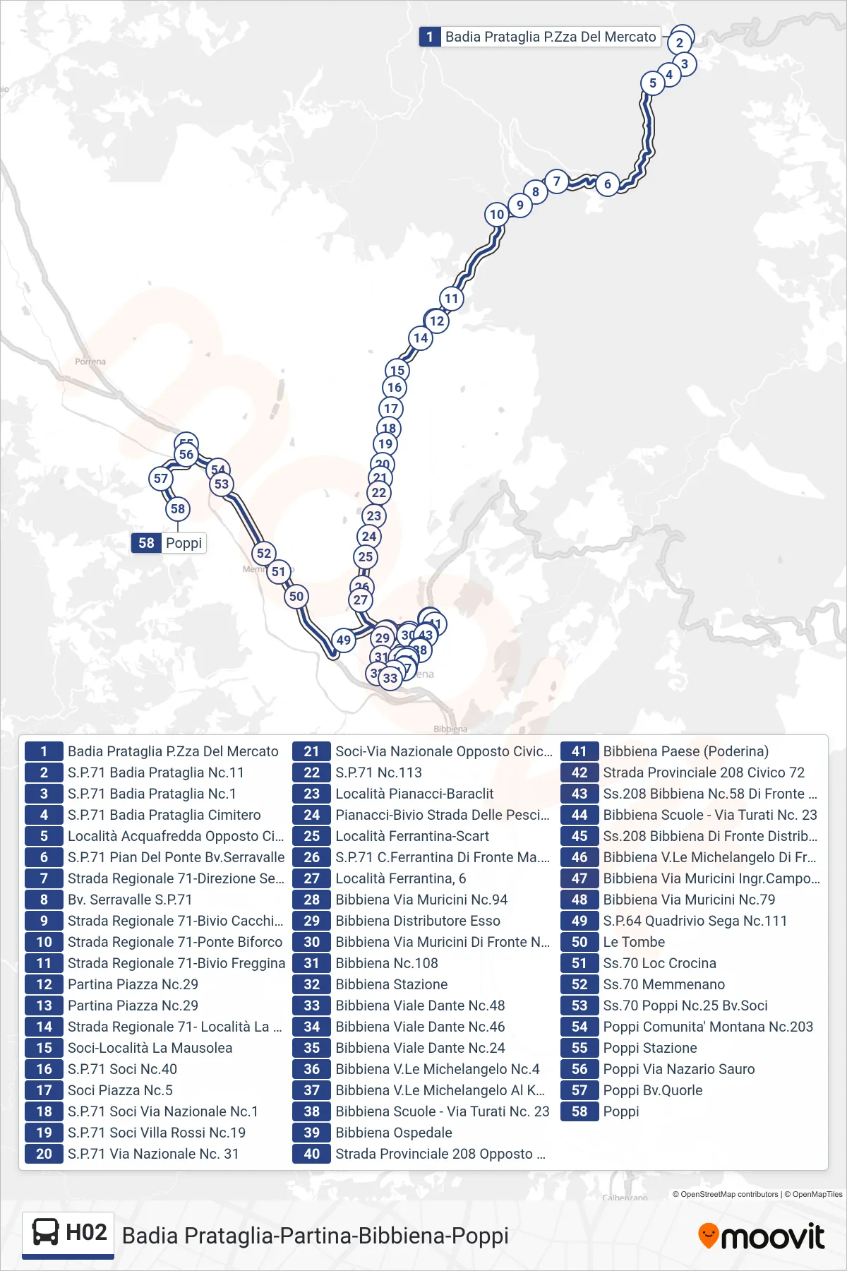 Linea H02  tram (Poppi) - Percorsi e fermate sulla mappa