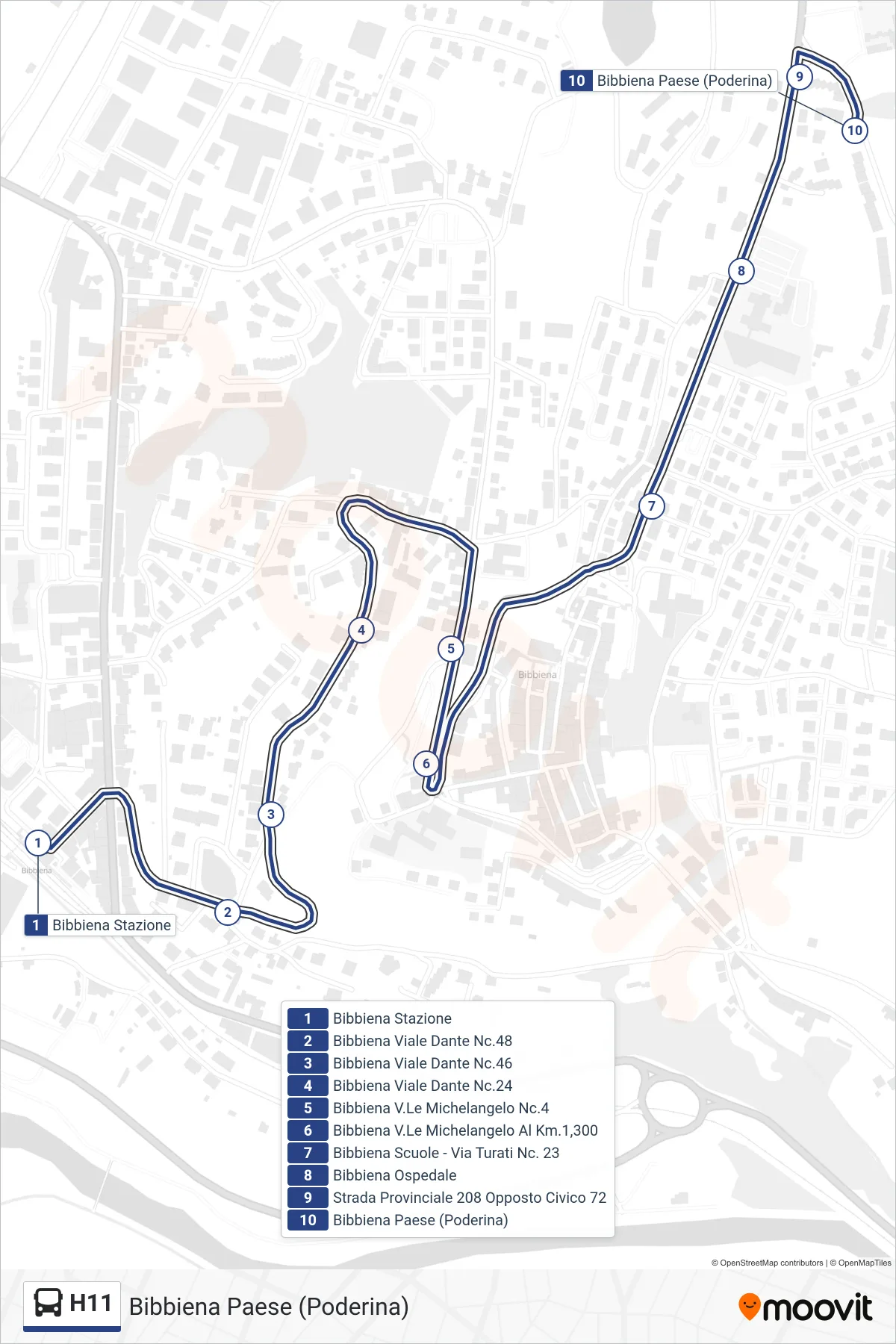 Linea H11  tram (Bibbiena Paese (Poderina)) - Percorsi e fermate sulla mappa