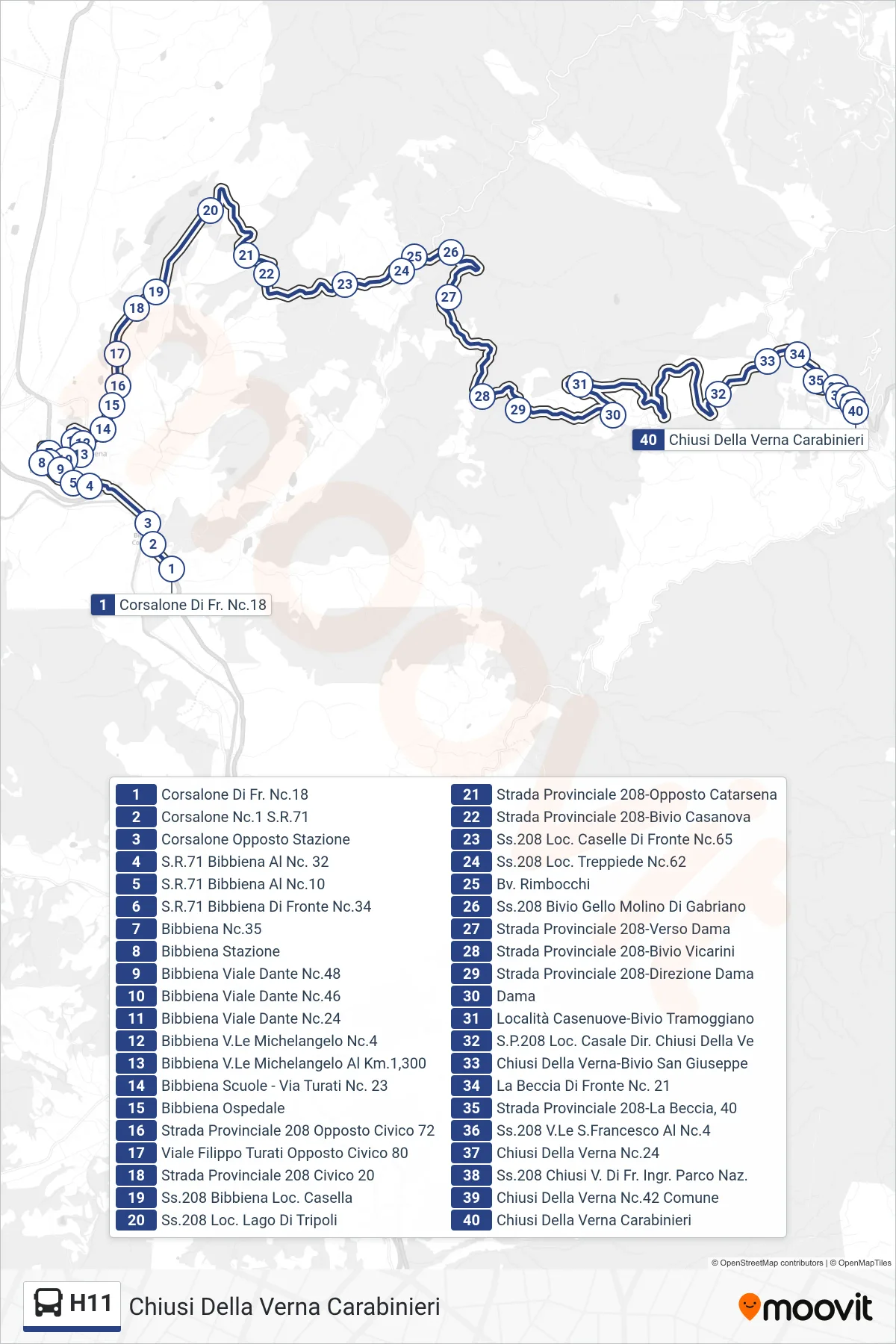 Linea H11 tram (Chiusi Della Verna Carabinieri) - Percorsi e fermate sulla mappa