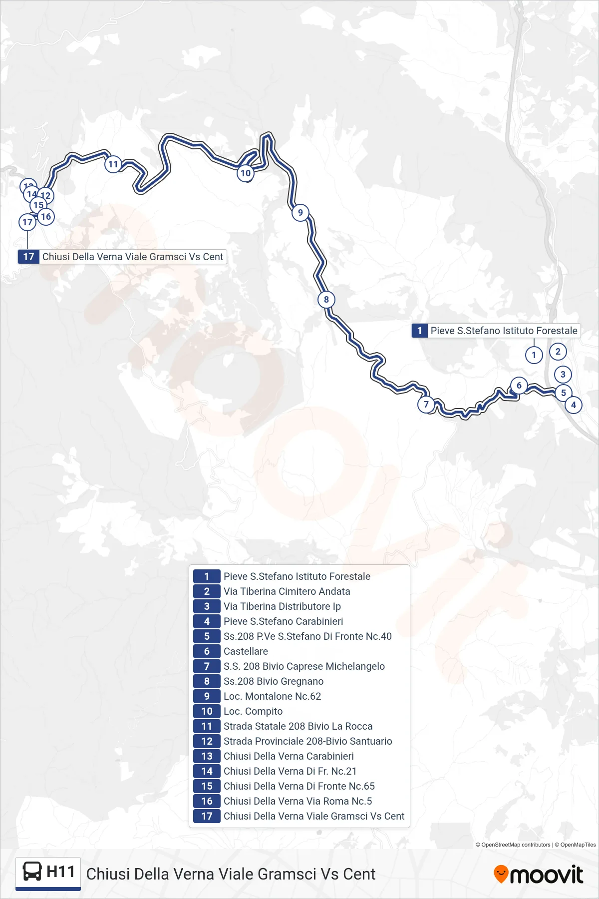 Linea H11 tram (Chiusi Della Verna Viale Gramsci Vs Cent) - Percorsi e fermate sulla mappa
