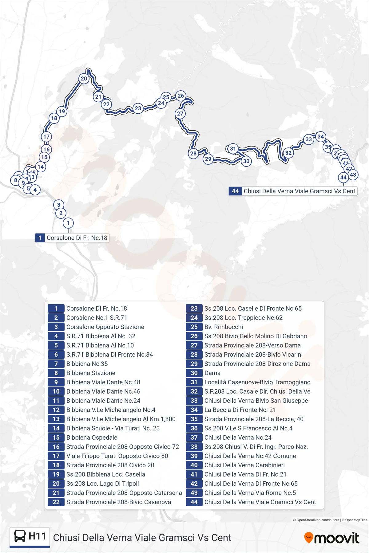 Linea H11 tram (Chiusi Della Verna Viale Gramsci Vs Cent) - Percorsi e fermate sulla mappa