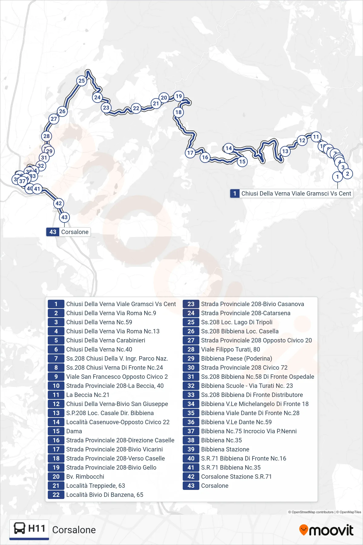 Linea H11 tram (Corsalone) - Percorsi e fermate sulla mappa