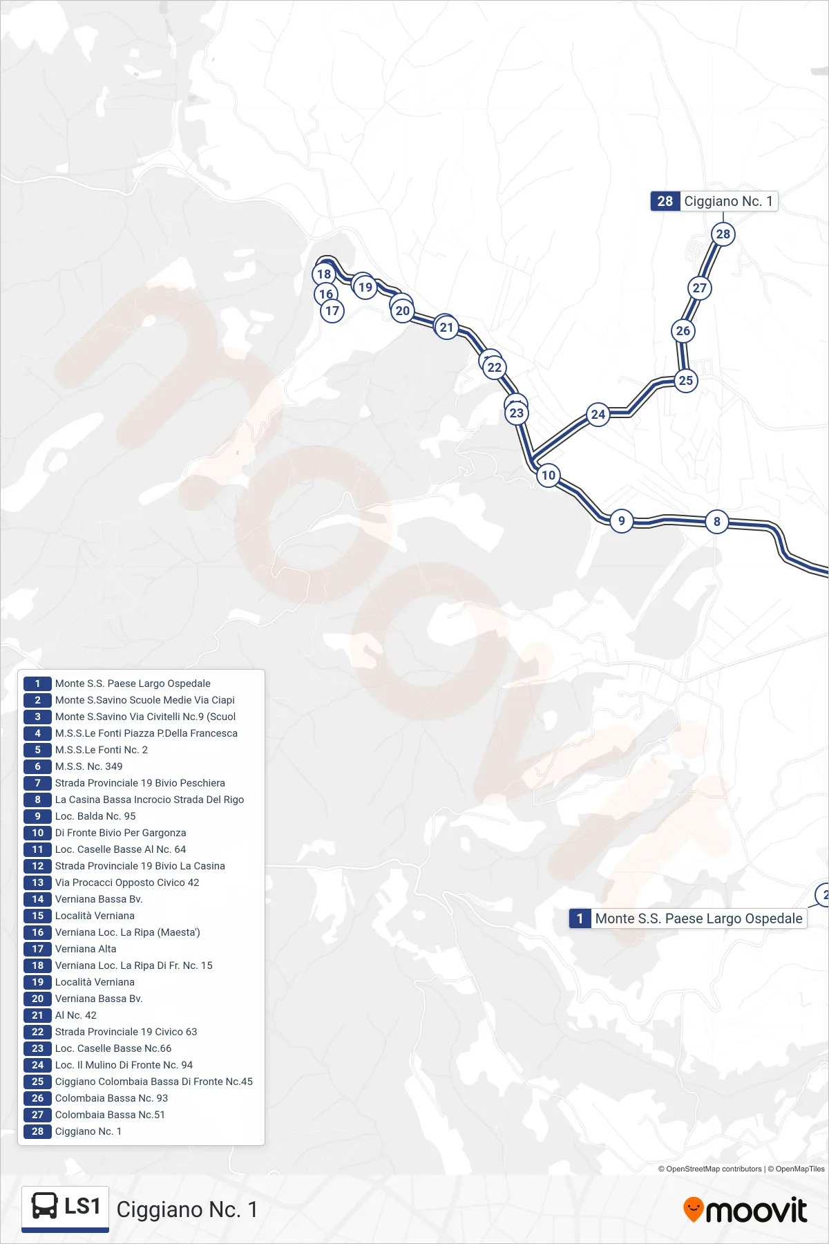 Linea LS1 tram (Ciggiano Nc. 1) - Percorsi e fermate sulla mappa
