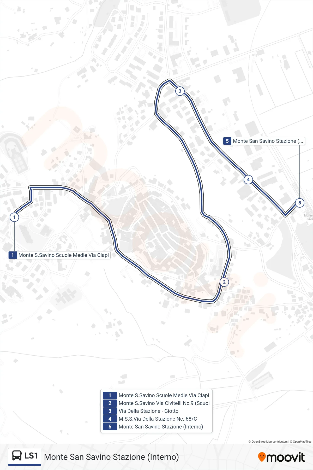 Linea LS1  tram (Monte San Savino Stazione (Interno)) - Percorsi e fermate sulla mappa