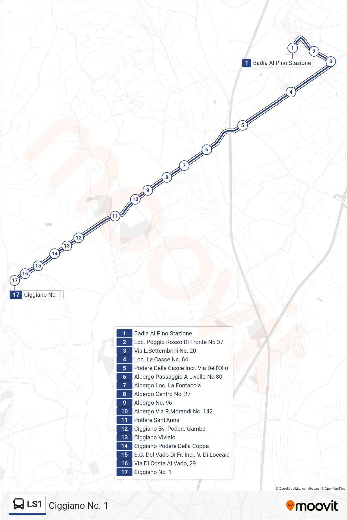 Linea LS1 tram (Ciggiano Nc. 1) - Percorsi e fermate sulla mappa