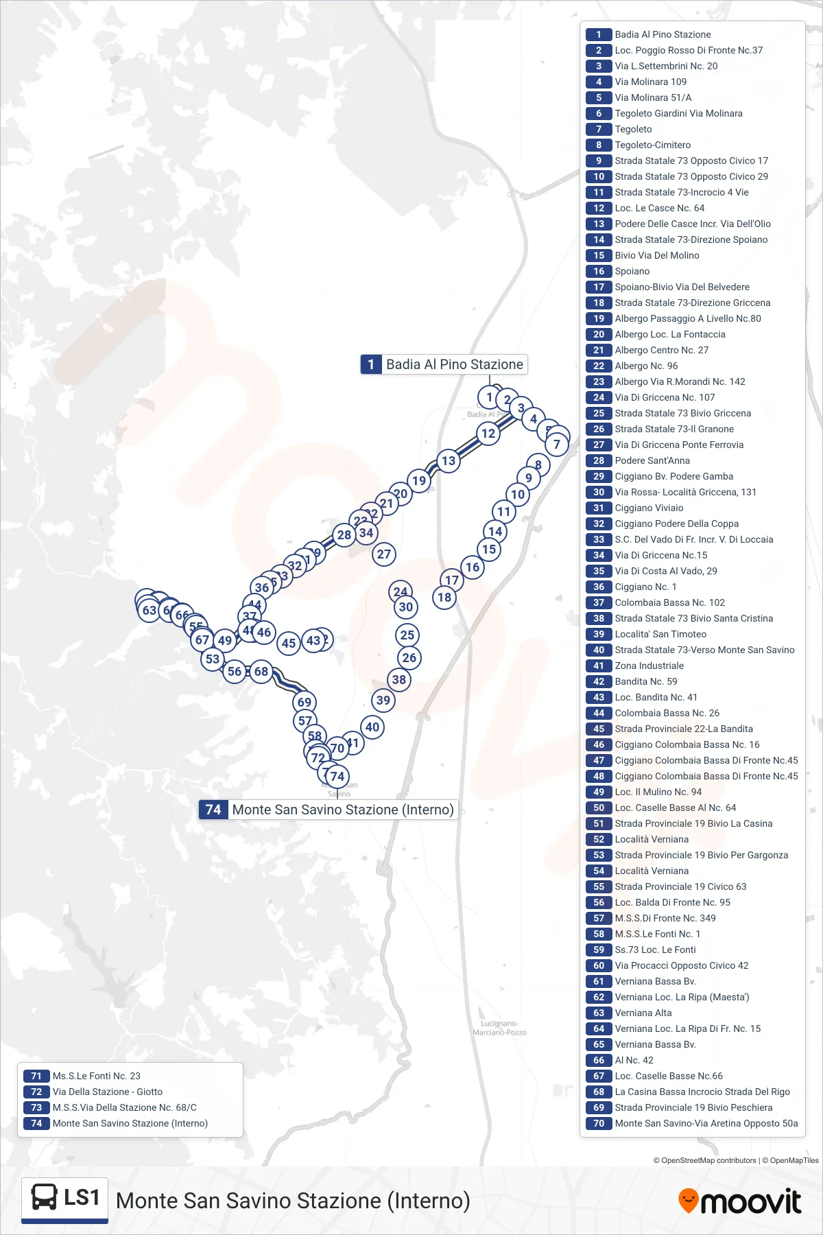 Linea LS1 tram (Monte San Savino Stazione (Interno)) - Percorsi e fermate sulla mappa