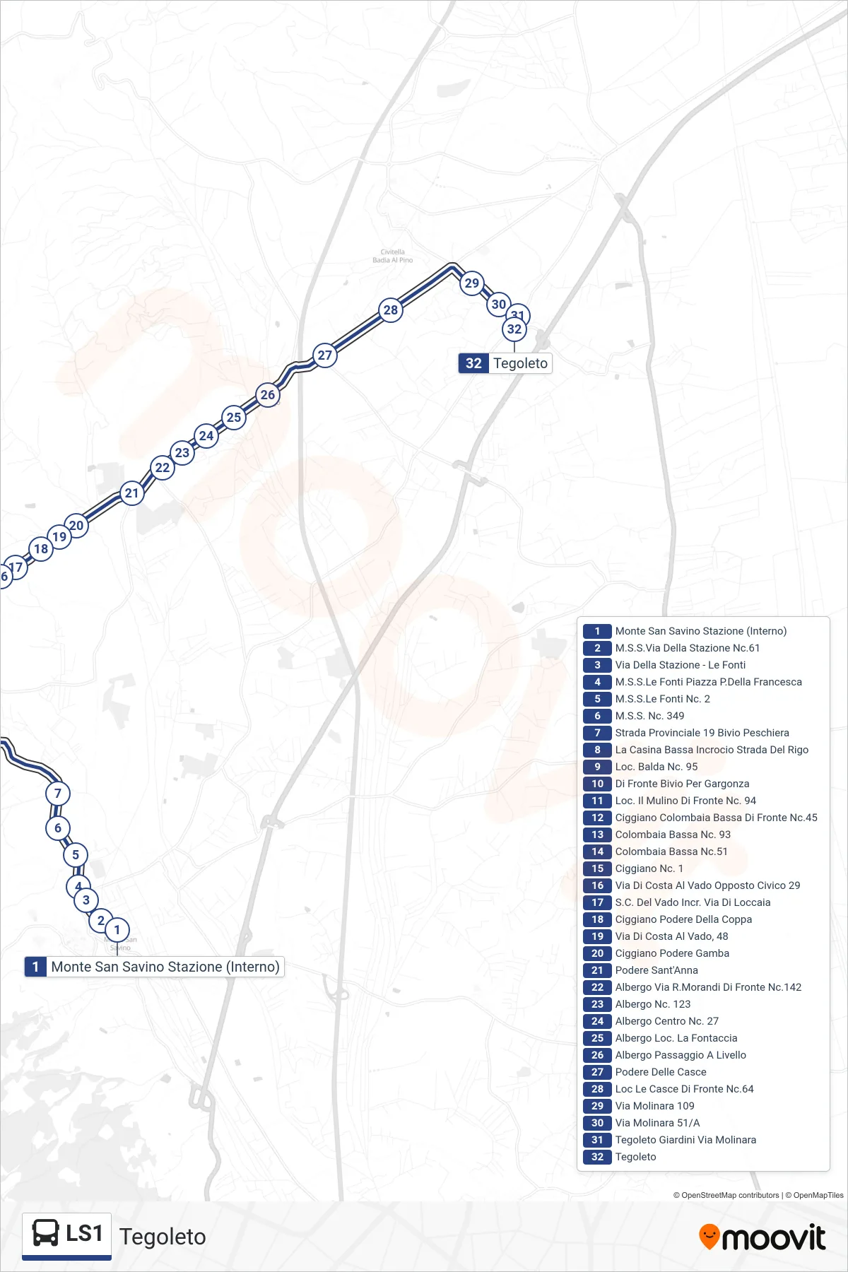 Linea LS1 tram (Tegoleto) - Percorsi e fermate sulla mappa