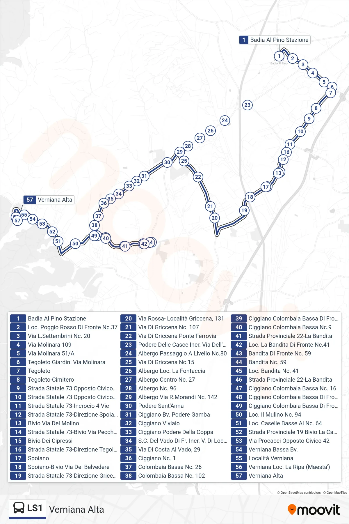 Linea LS1 tram (Verniana Alta) - Percorsi e fermate sulla mappa