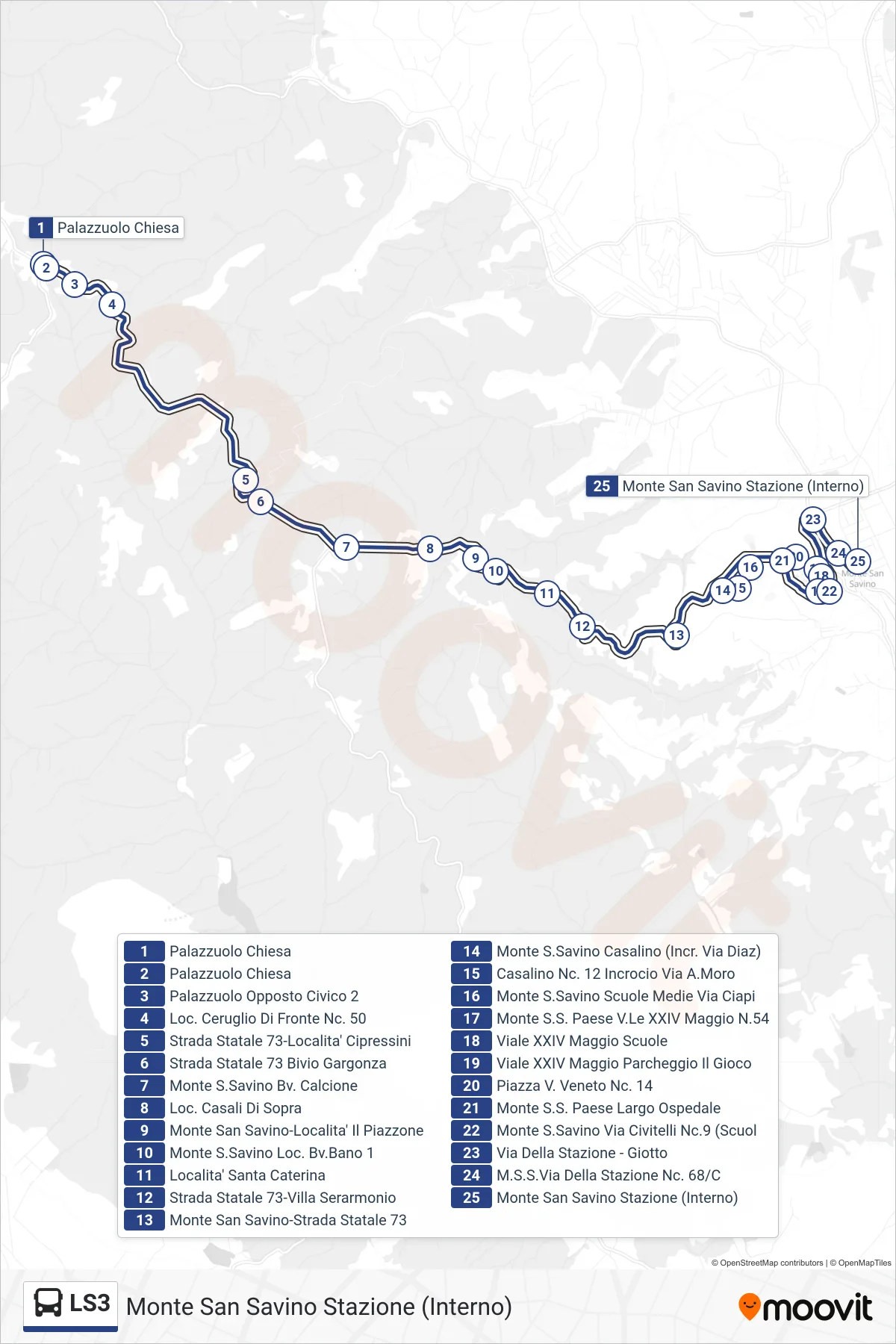Linea LS3  tram (Monte San Savino Stazione (Interno)) - Percorsi e fermate sulla mappa