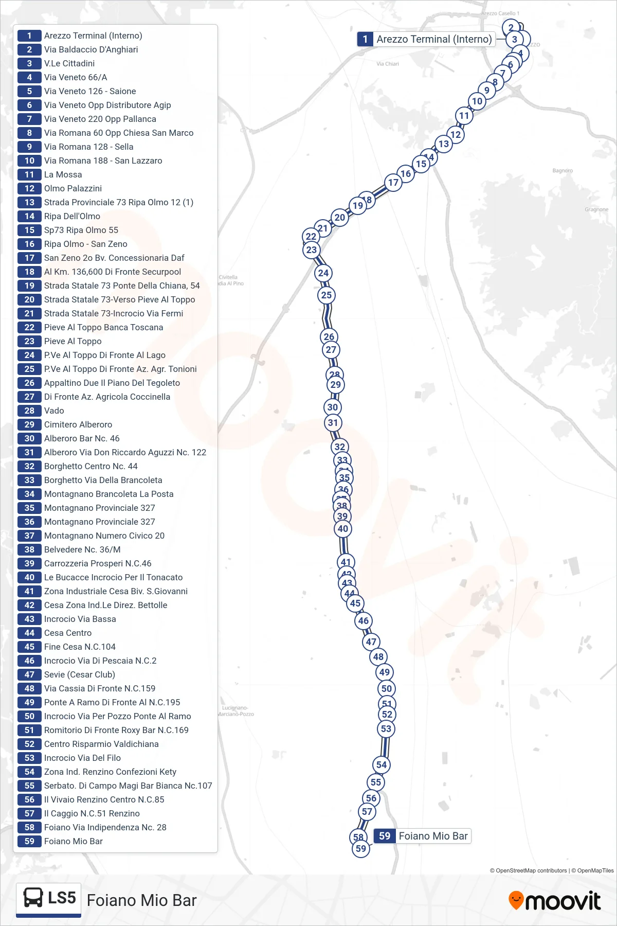 Linea LS5 tram (Foiano Mio Bar) - Percorsi e fermate sulla mappa