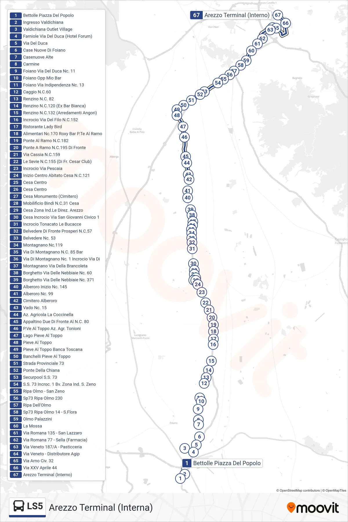 Linea LS5  tram (Arezzo Terminal (Interna)) - Percorsi e fermate sulla mappa