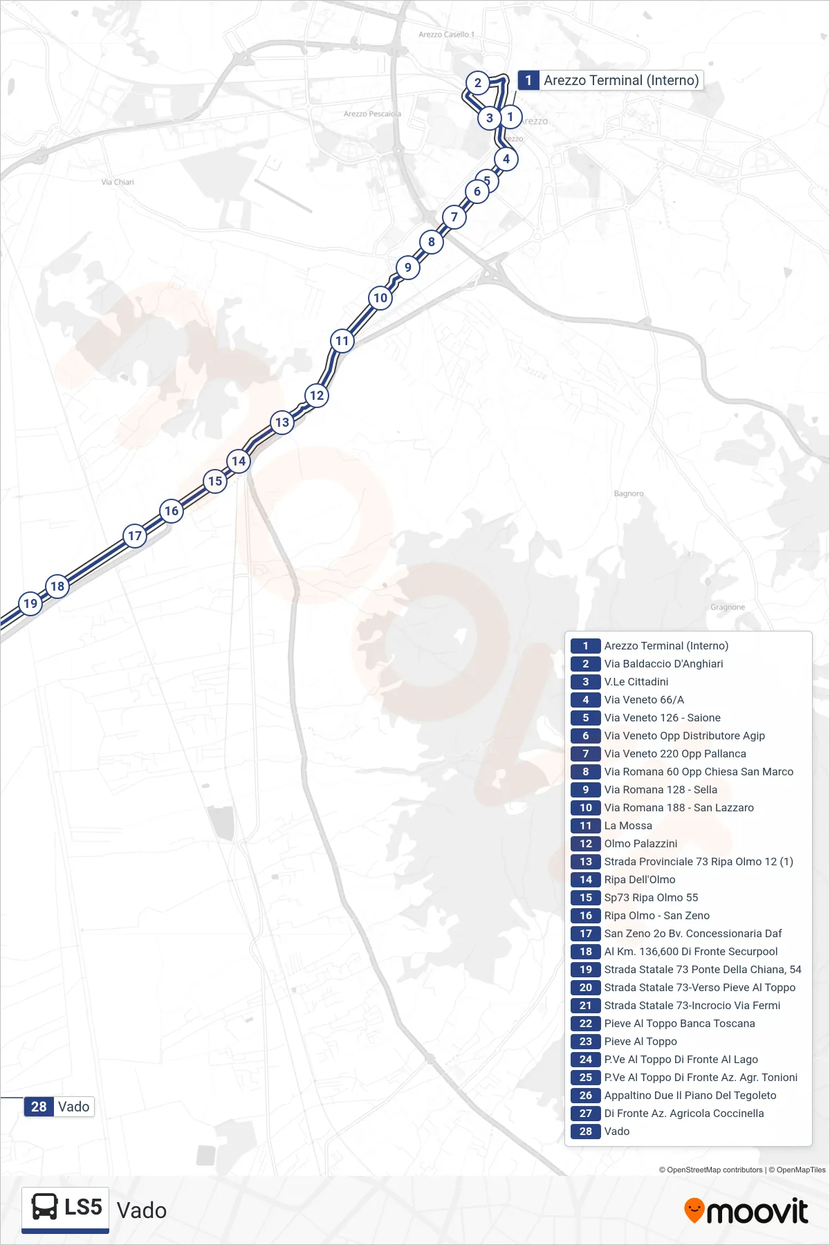 Linea LS5  tram (Vado) - Percorsi e fermate sulla mappa