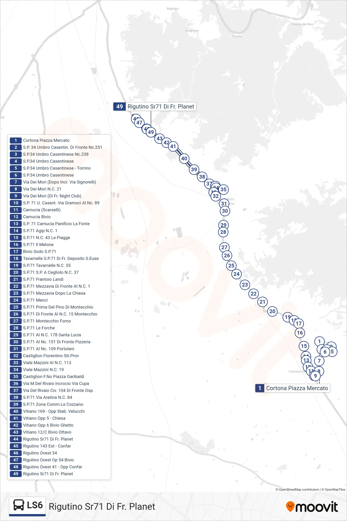 Linea LS6  tram (Rigutino Sr71 Di Fr. Planet) - Percorsi e fermate sulla mappa