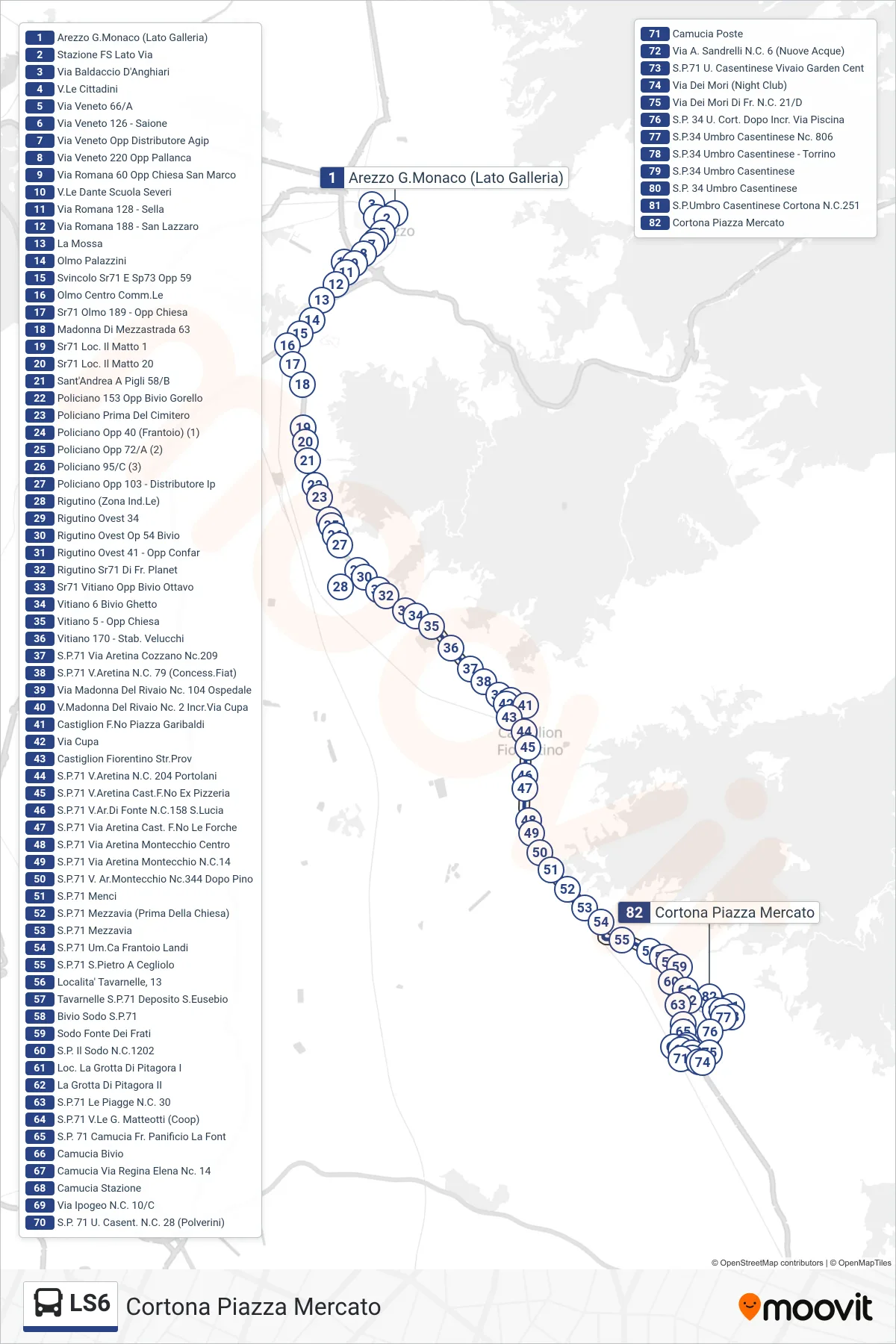 Linea LS6 tram (Cortona Piazza Mercato) - Percorsi e fermate sulla mappa