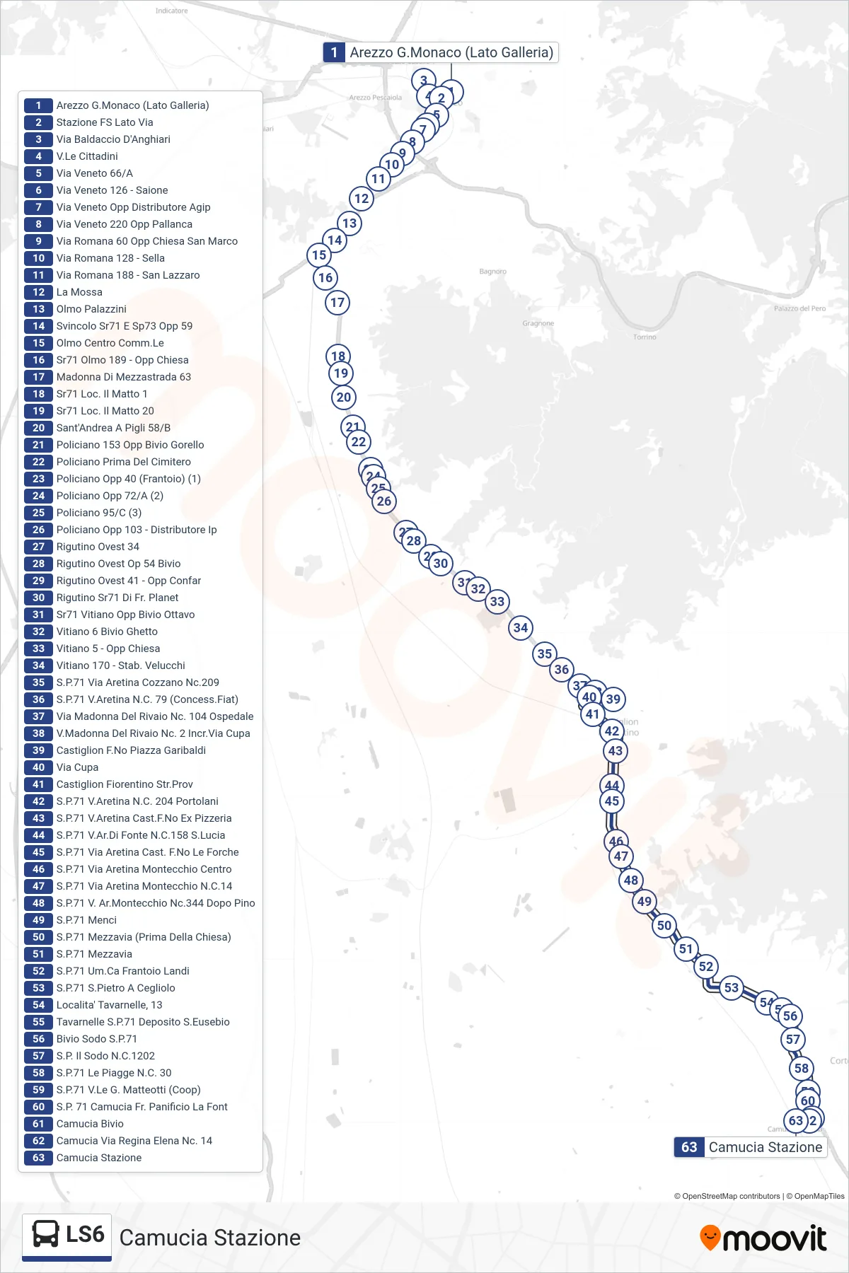Linea LS6  tram (Camucia Stazione) - Percorsi e fermate sulla mappa
