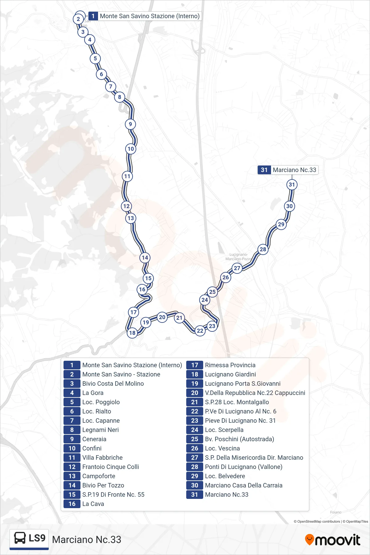 Linea LS9 tram (Marciano Nc.33) - Percorsi e fermate sulla mappa