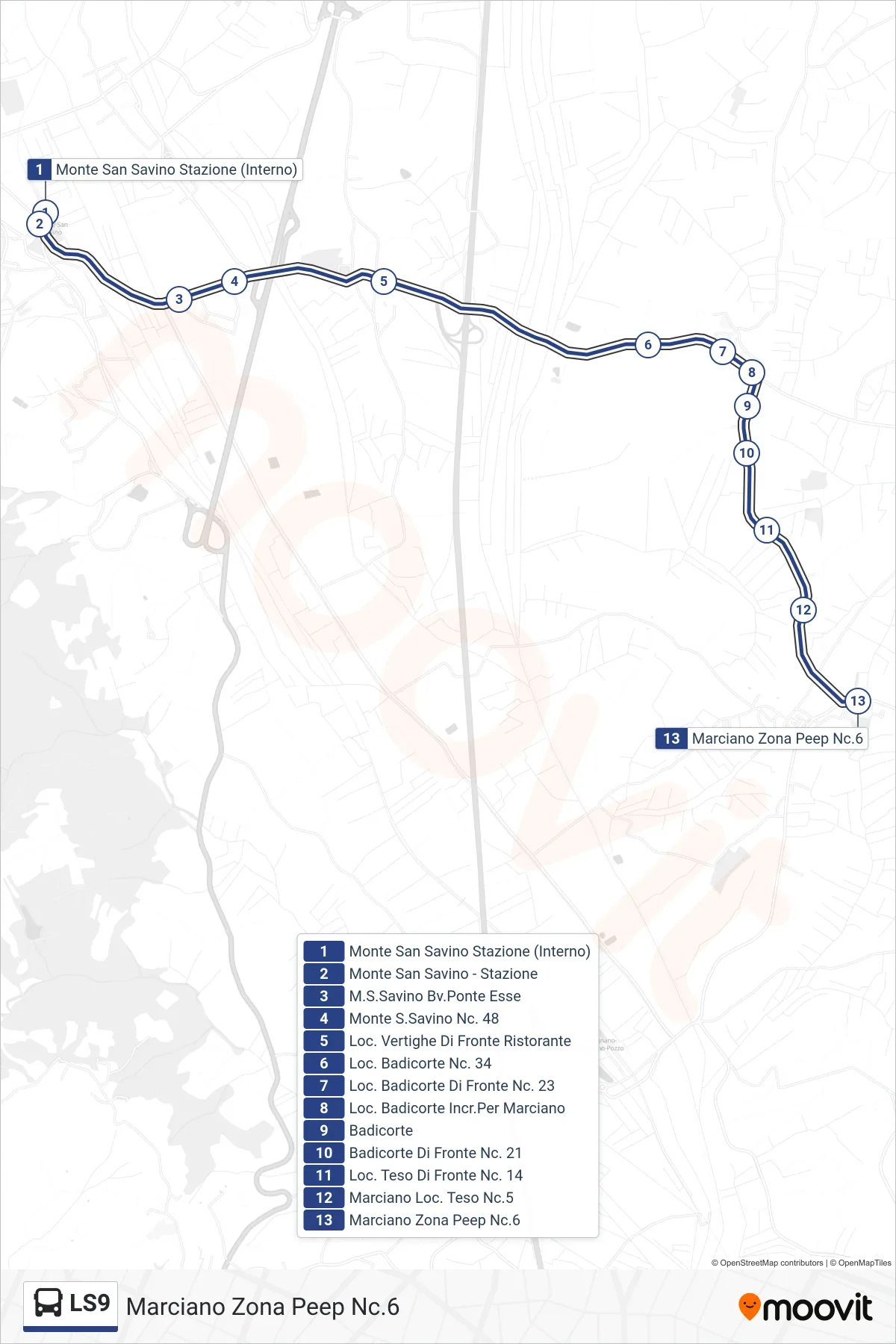 Linea LS9 tram (Marciano Zona Peep Nc.6) - Percorsi e fermate sulla mappa