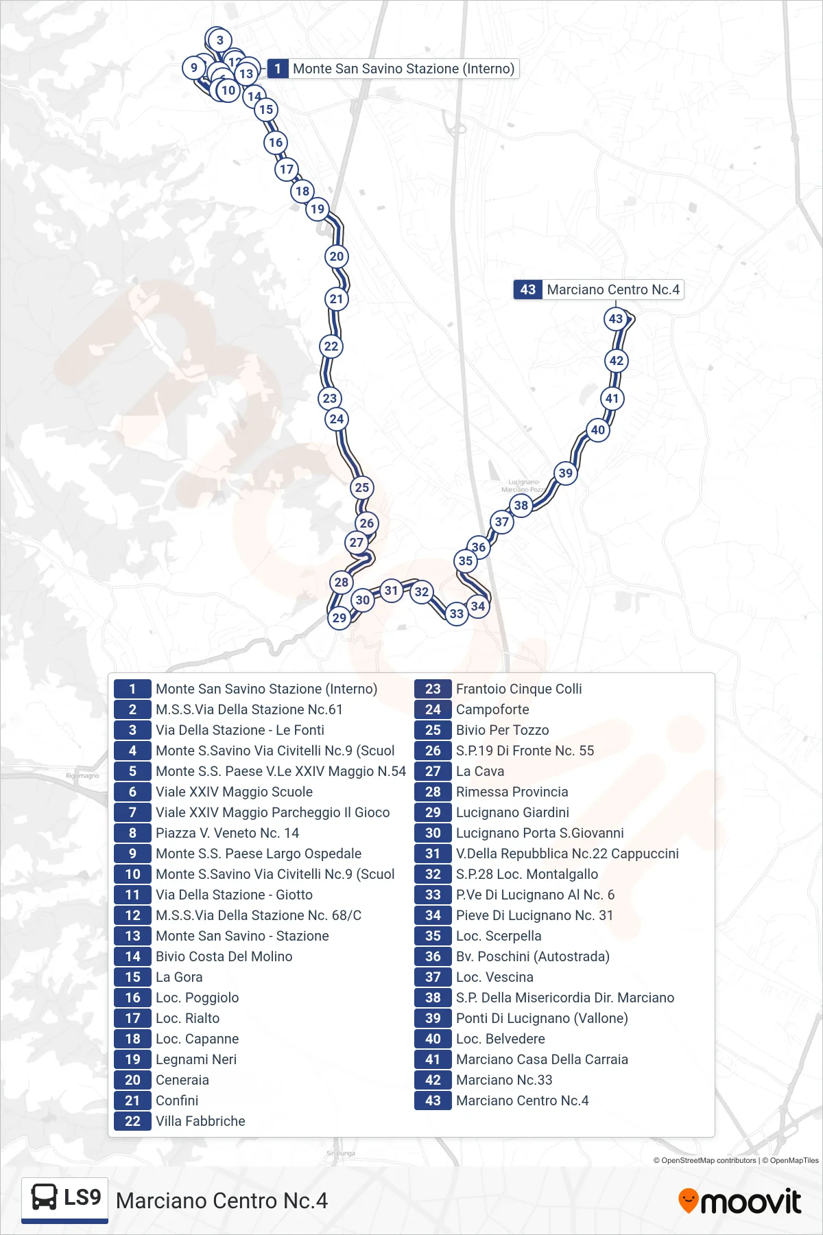 Linea LS9 tram (Marciano Centro Nc.4) - Percorsi e fermate sulla mappa