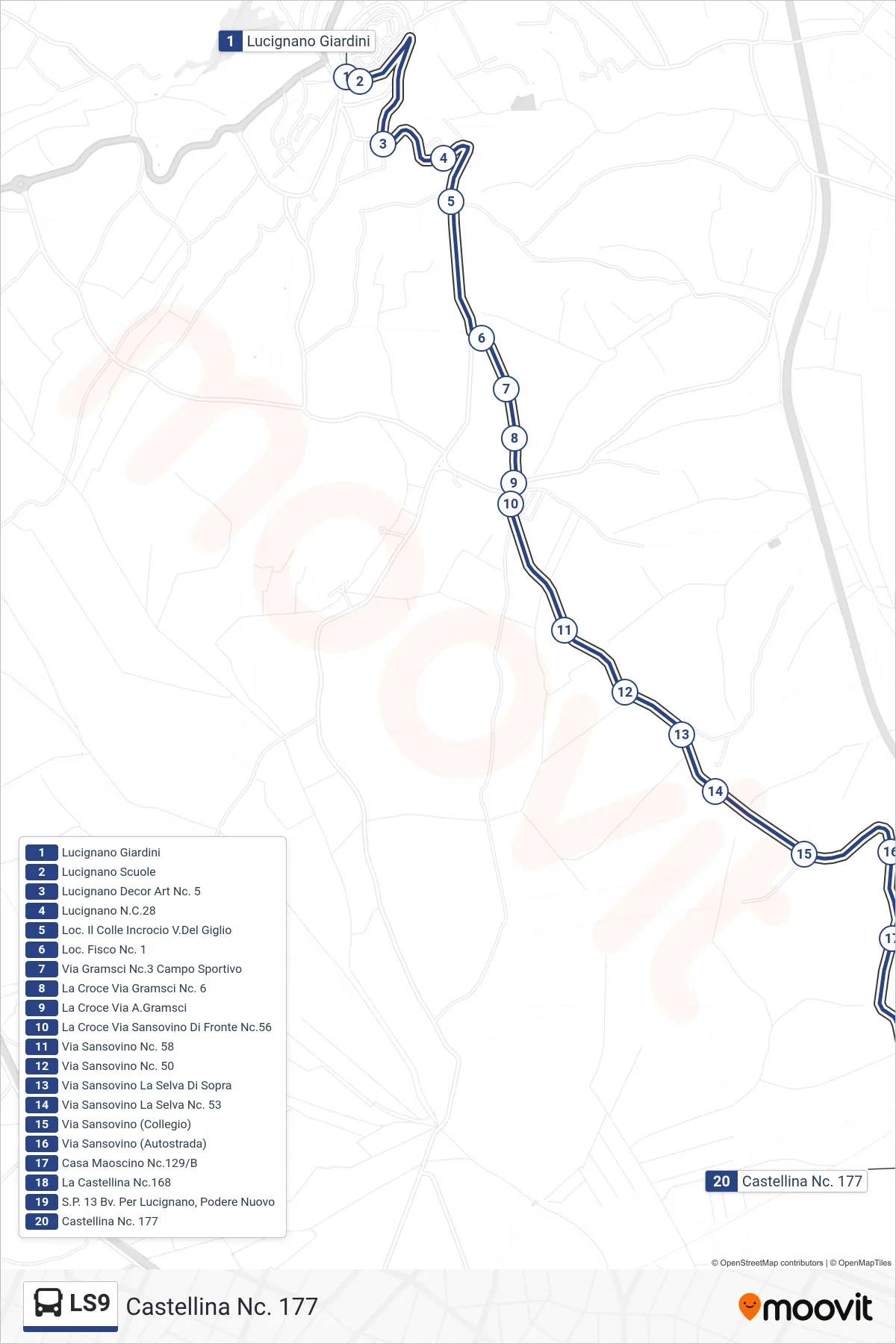 Linea LS9 tram (Castellina Nc. 177) - Percorsi e fermate sulla mappa