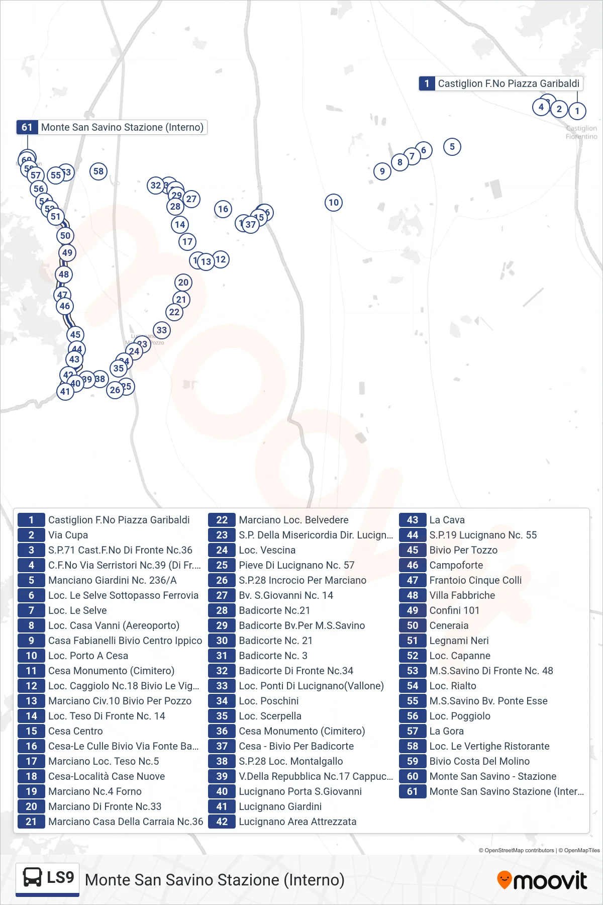 Linea LS9  tram (Monte San Savino Stazione (Interno)) - Percorsi e fermate sulla mappa