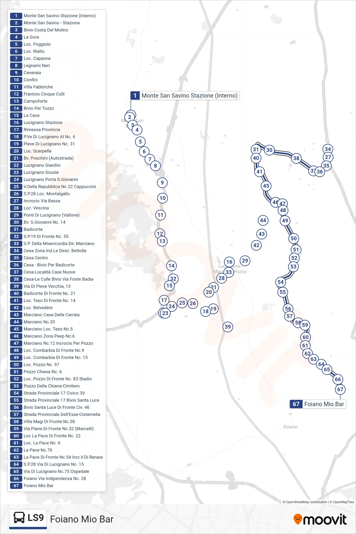 Linea LS9  tram (Foiano Mio Bar) - Percorsi e fermate sulla mappa