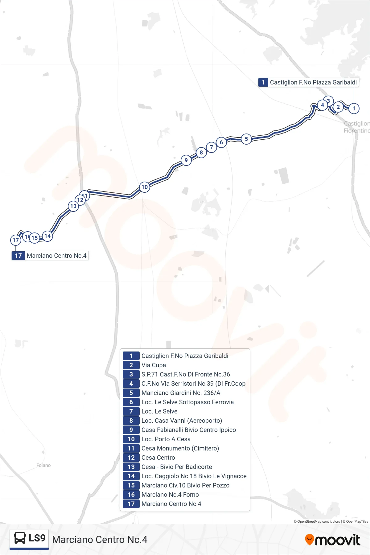 Linea LS9  tram (Marciano Centro Nc.4) - Percorsi e fermate sulla mappa